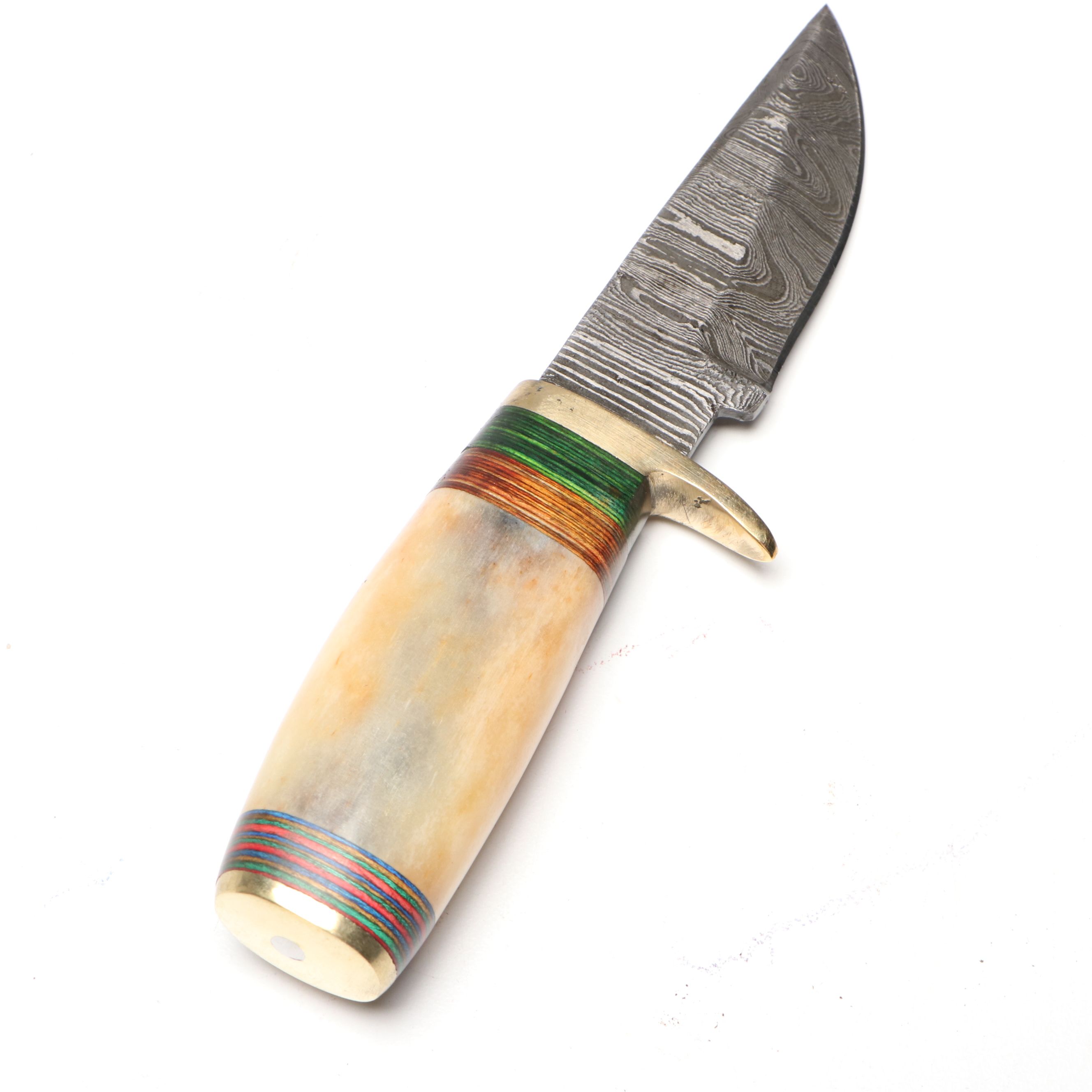 Damascus Steel with Antler and Bone Handled Skinner Knives in Leather Scabbards