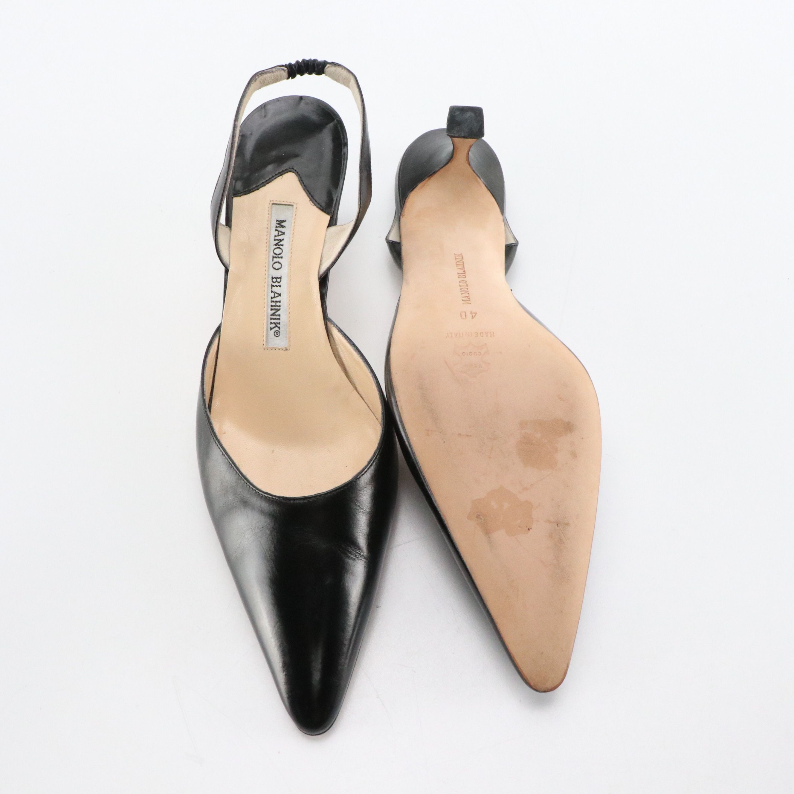 Manolo Blahnik Black Leather Pointy Toe Slingbacks