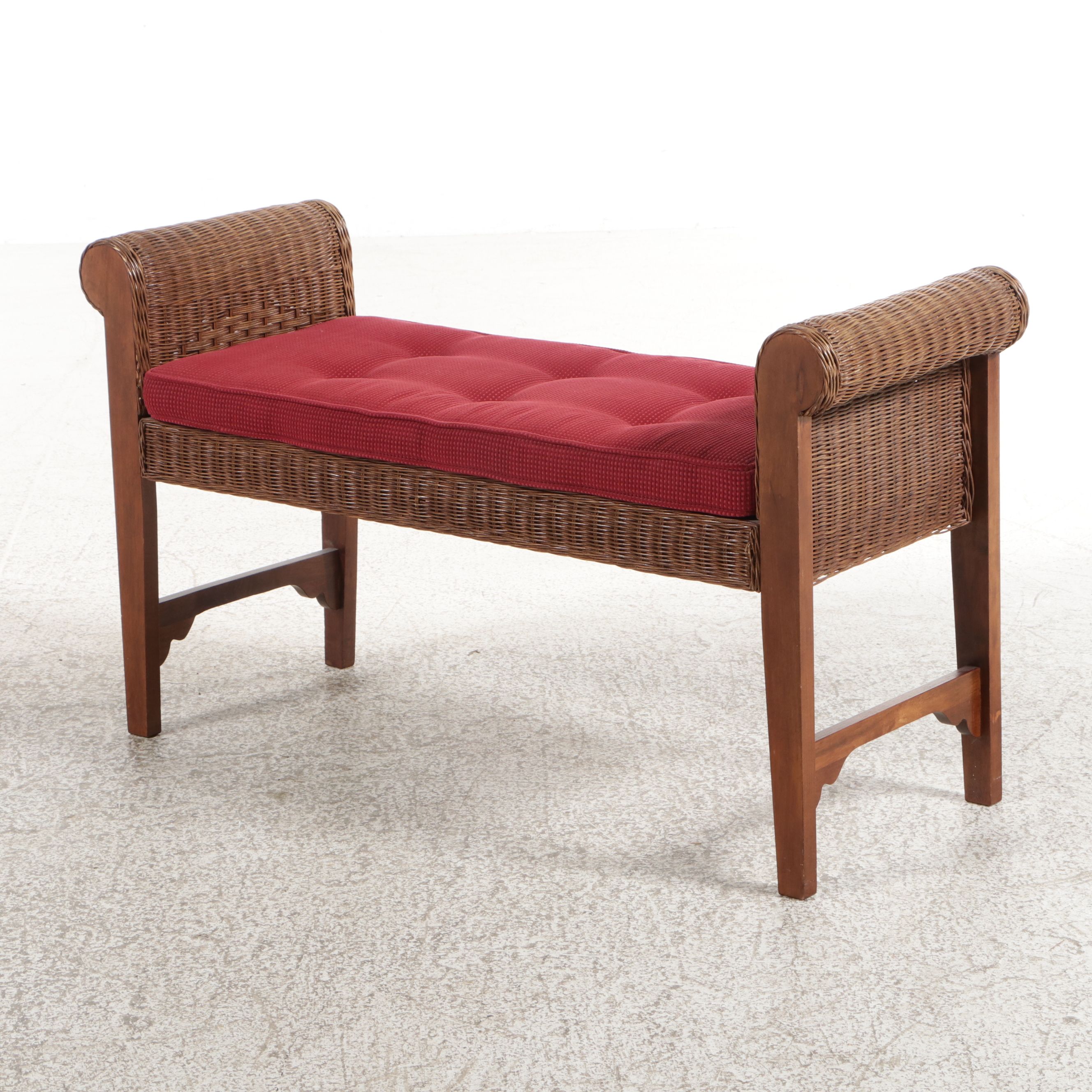 Wicker and Wood Window Bench with Rolled Arms, 21st Century Bench