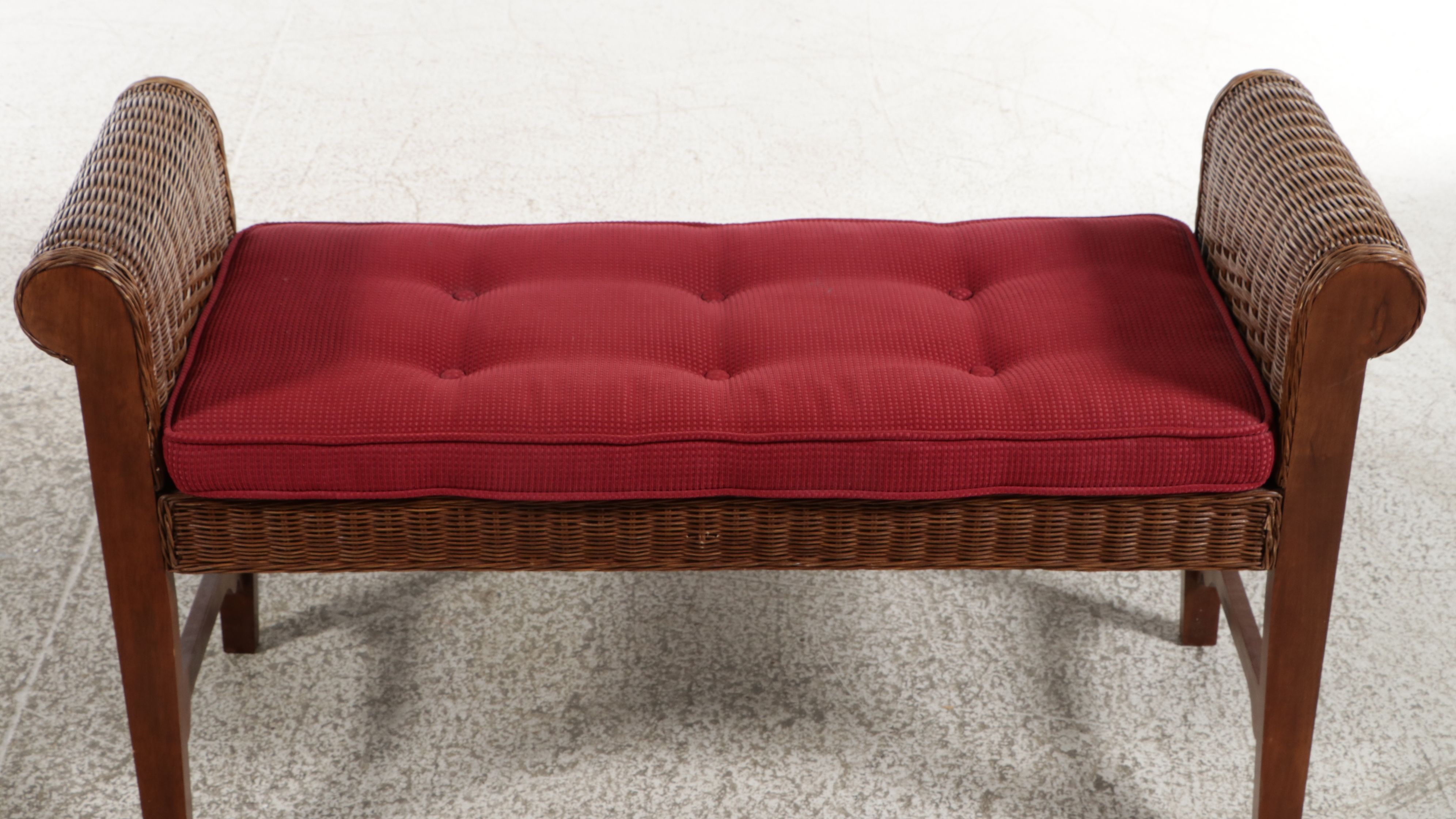 Wicker and Wood Window Bench with Rolled Arms, 21st Century Bench