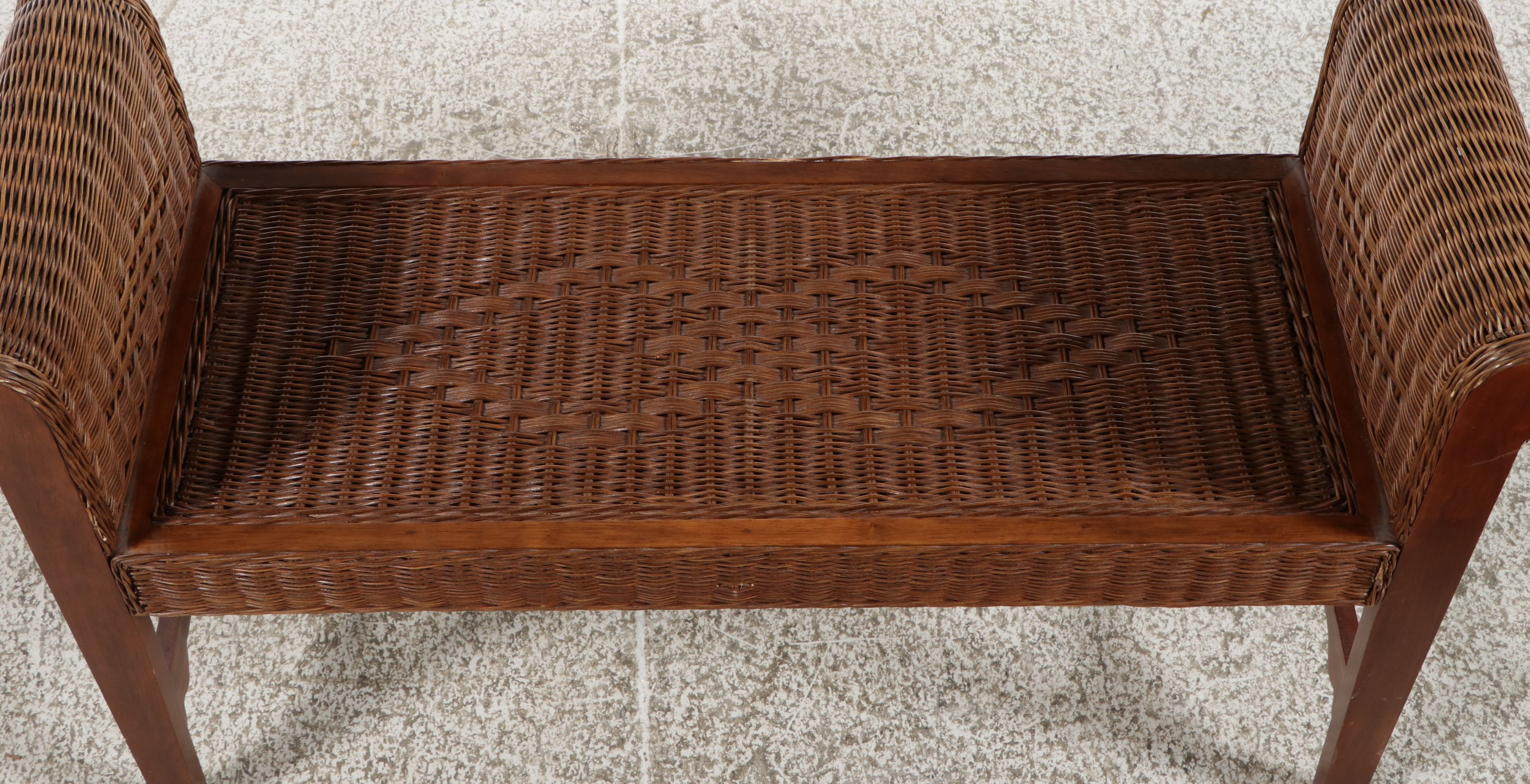 Wicker and Wood Window Bench with Rolled Arms, 21st Century Bench