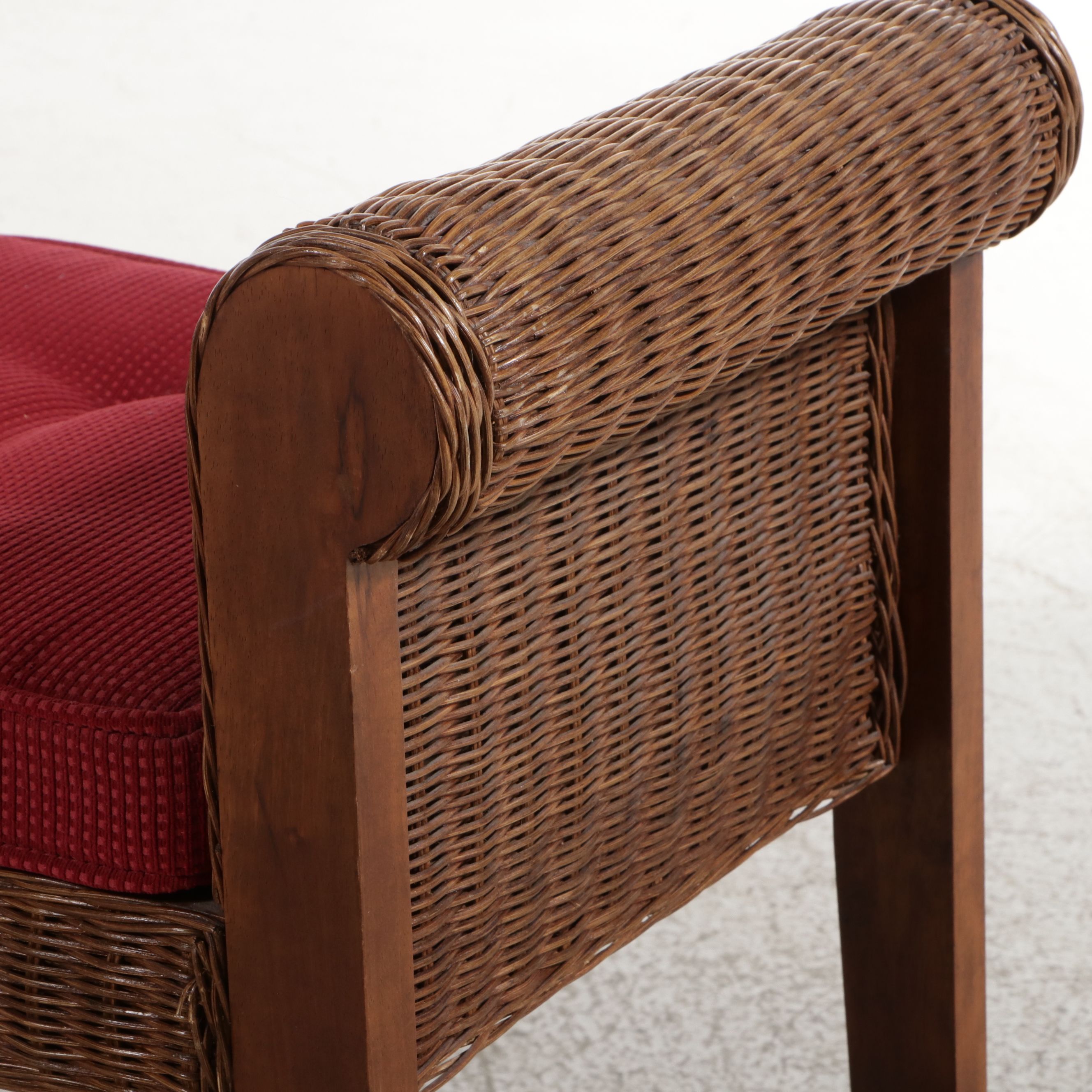 Wicker and Wood Window Bench with Rolled Arms, 21st Century Bench