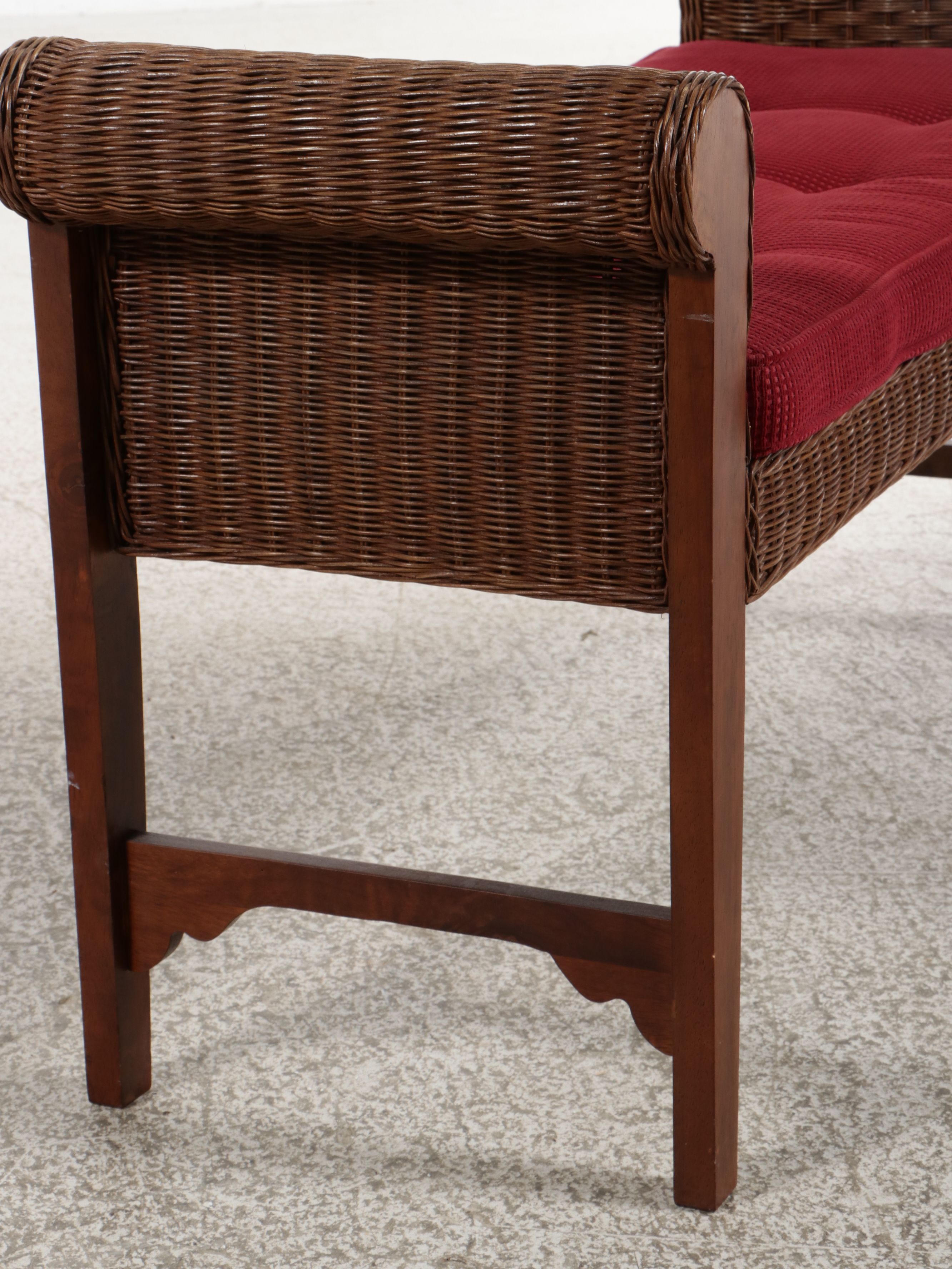 Wicker and Wood Window Bench with Rolled Arms, 21st Century Bench