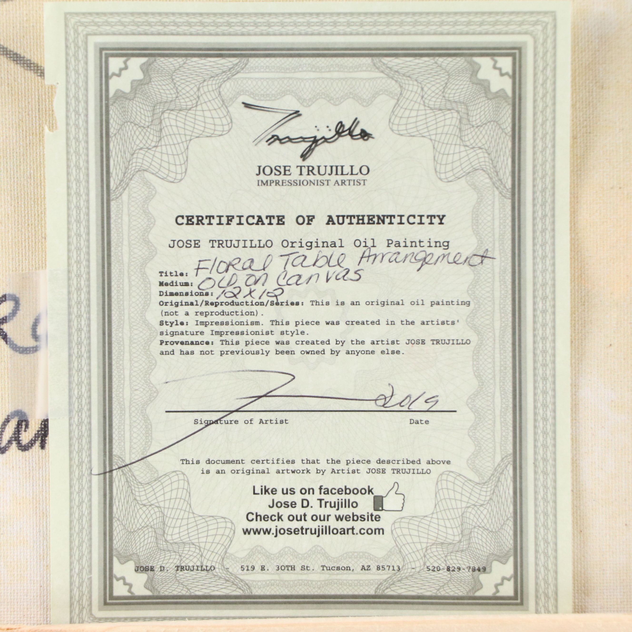 Jose Trujillo Oil Painting on Canvas "Floral Table Arrangement," 2019