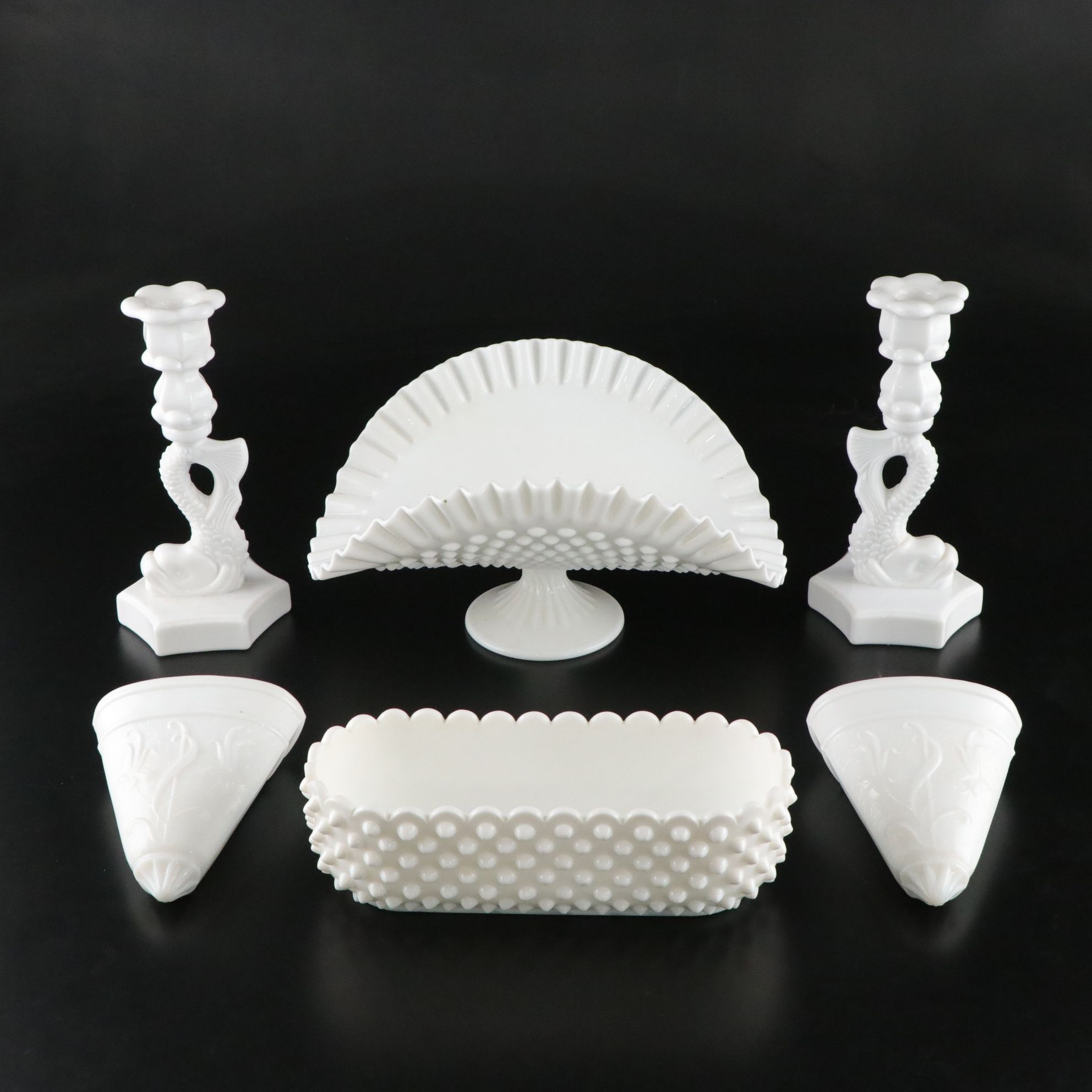 Milk Glass with Fenton Hobnail Banana Bowl and Westmorland Candlesticks