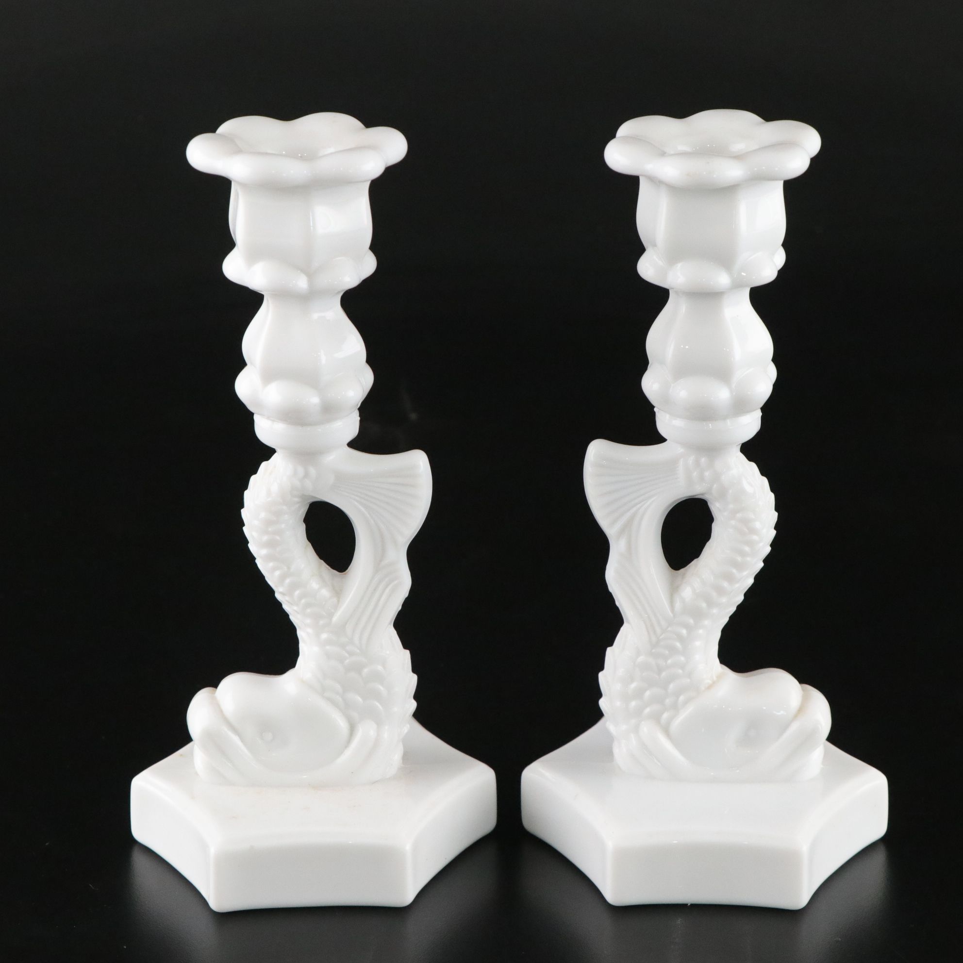 Milk Glass with Fenton Hobnail Banana Bowl and Westmorland Candlesticks