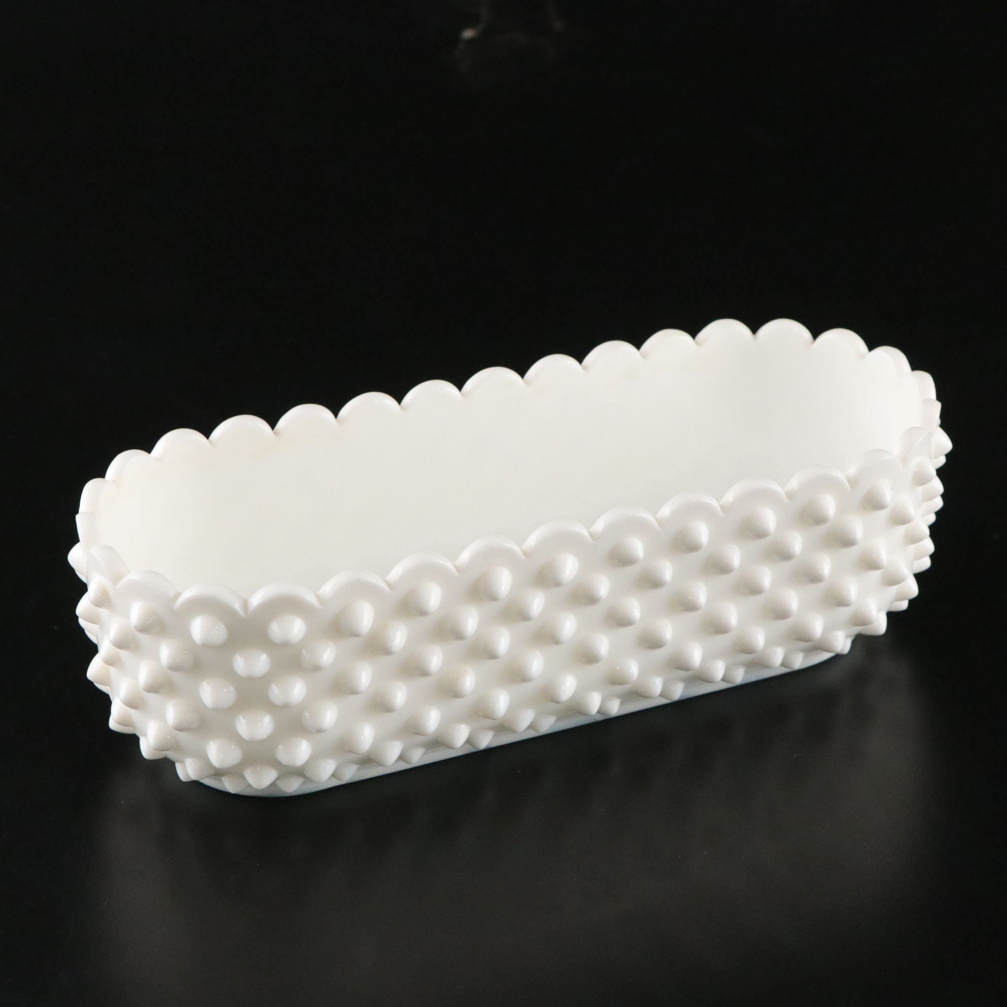 Milk Glass with Fenton Hobnail Banana Bowl and Westmorland Candlesticks