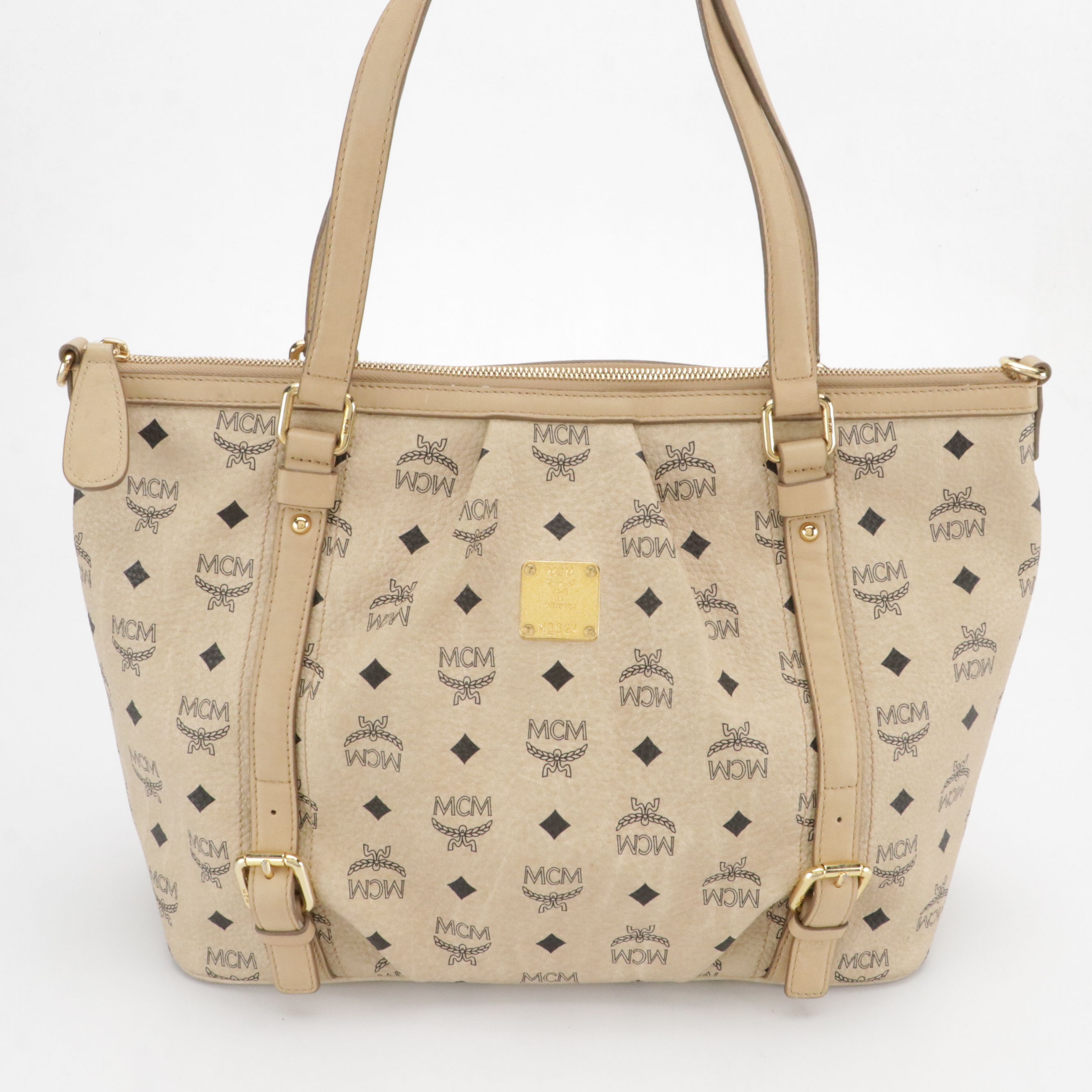 MCM Two-Way Pleated Tote Bag in Beige Visetos Canvas