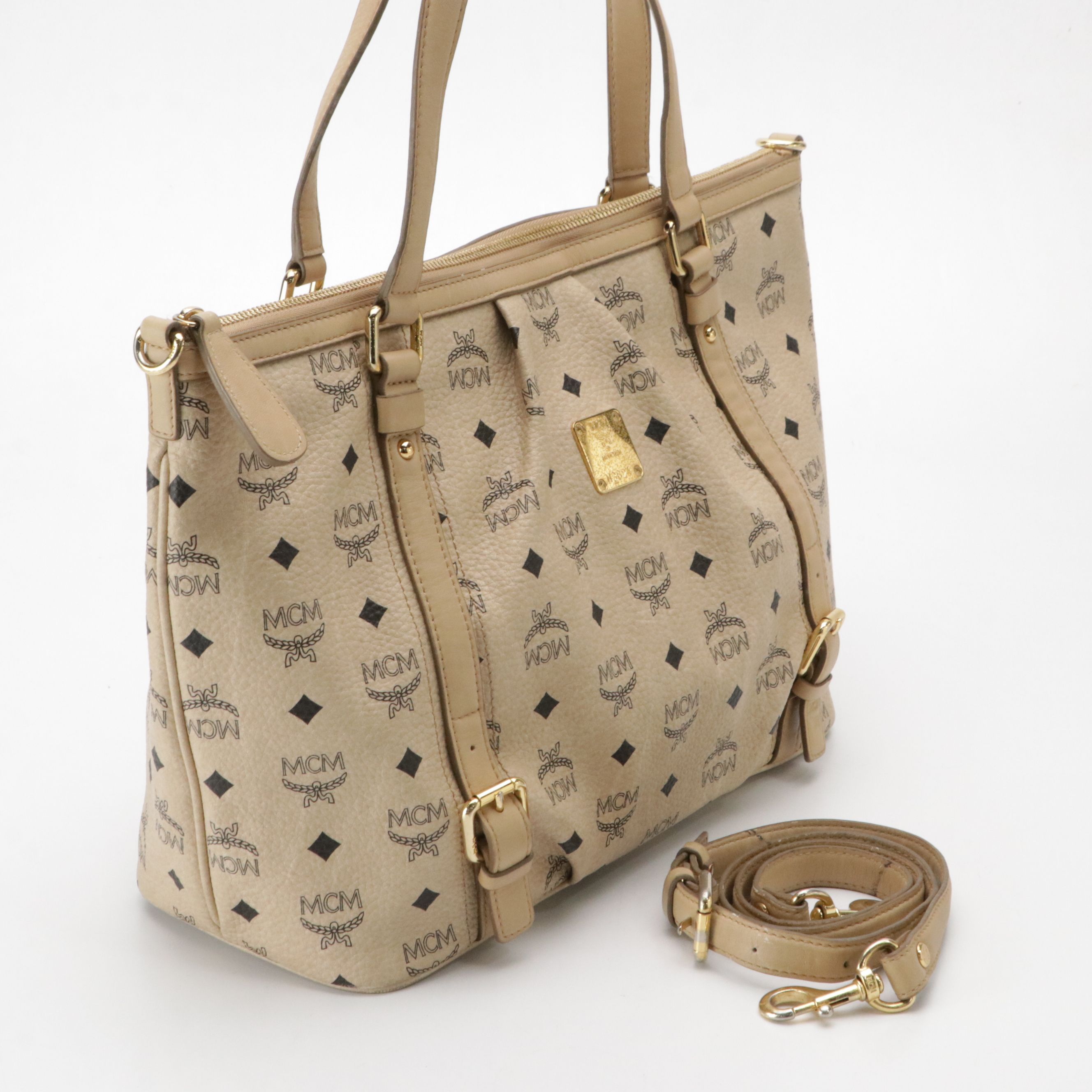 MCM Two-Way Pleated Tote Bag in Beige Visetos Canvas