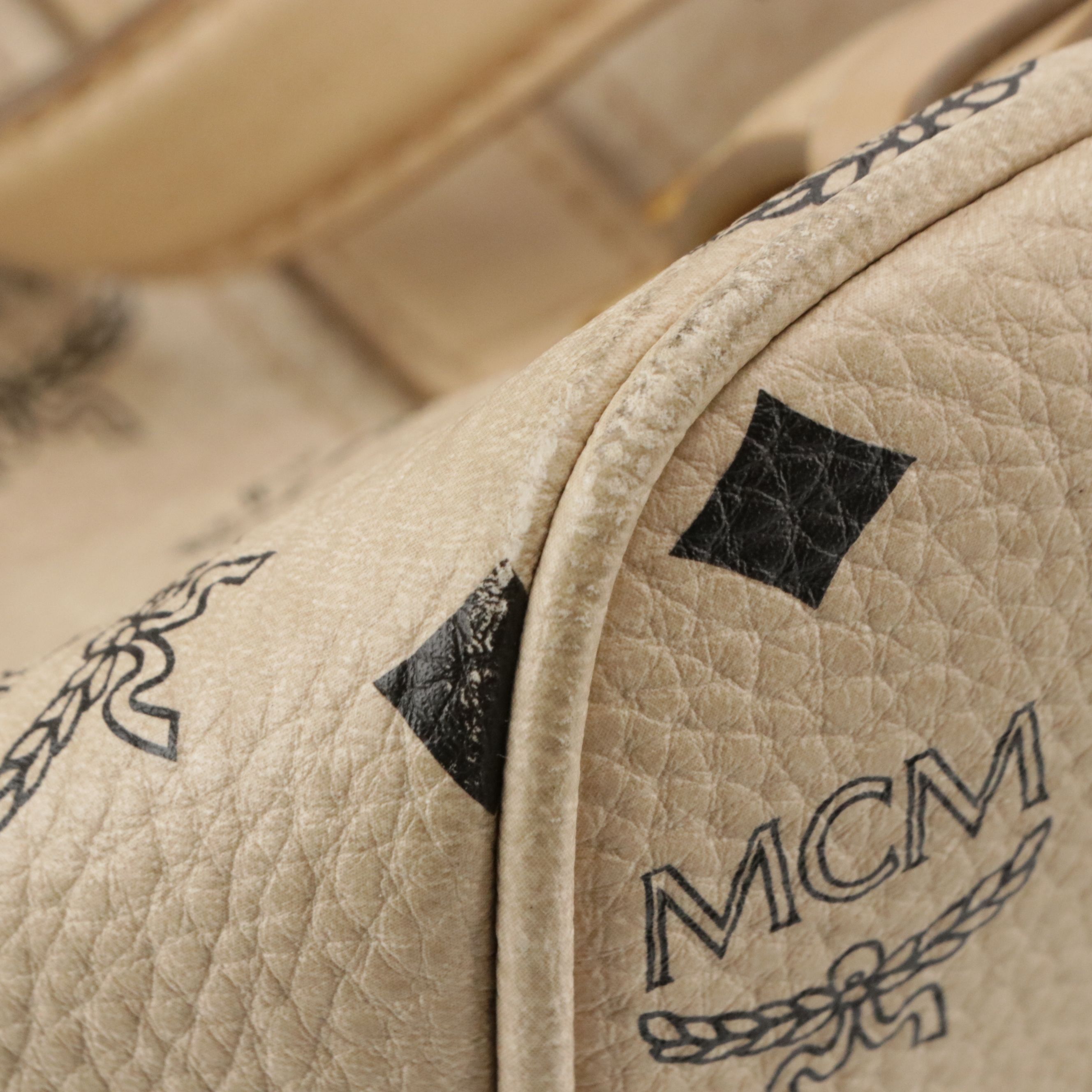 MCM Two-Way Pleated Tote Bag in Beige Visetos Canvas