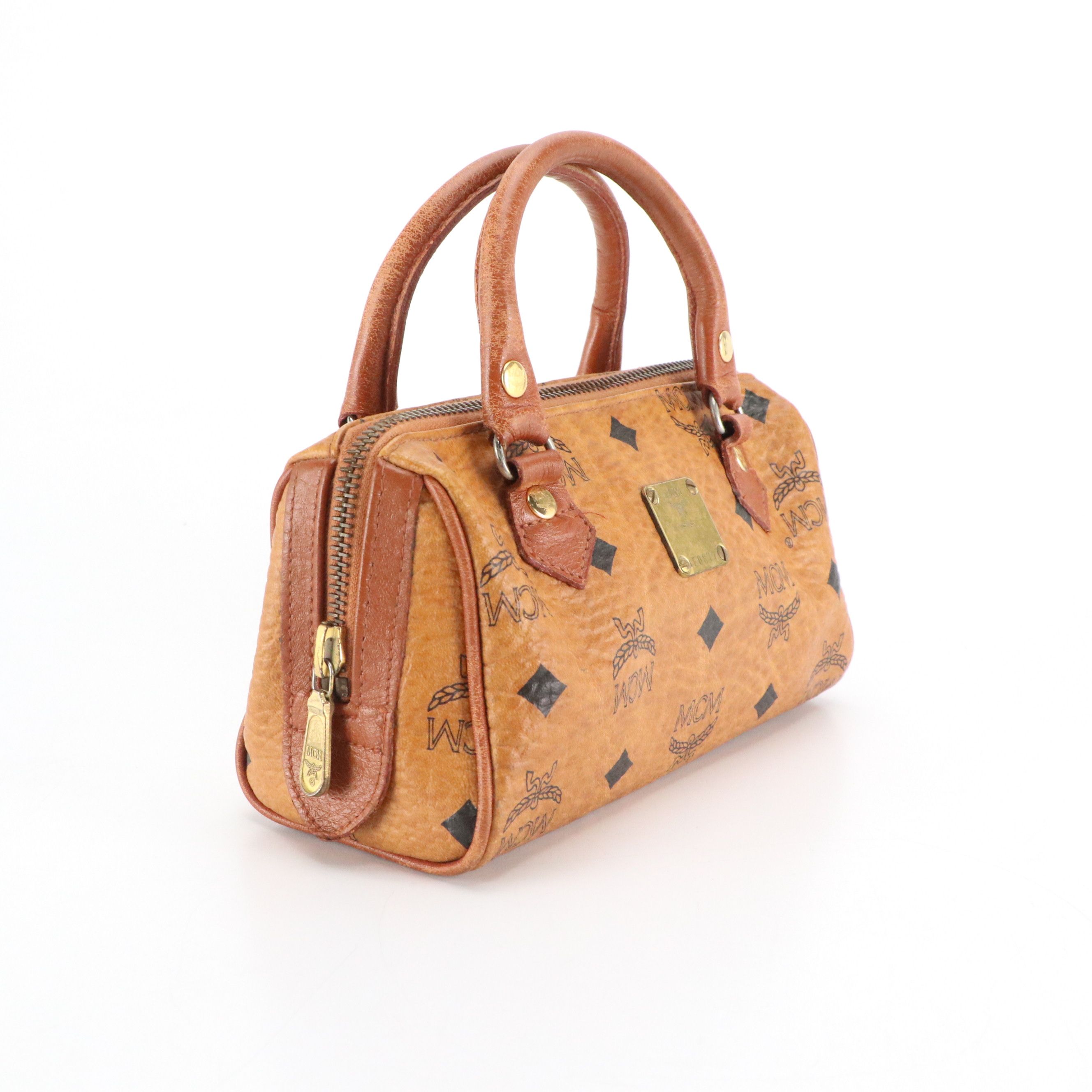 MCM Mini Boston Bag in Cognac Visetos Canvas and Leather