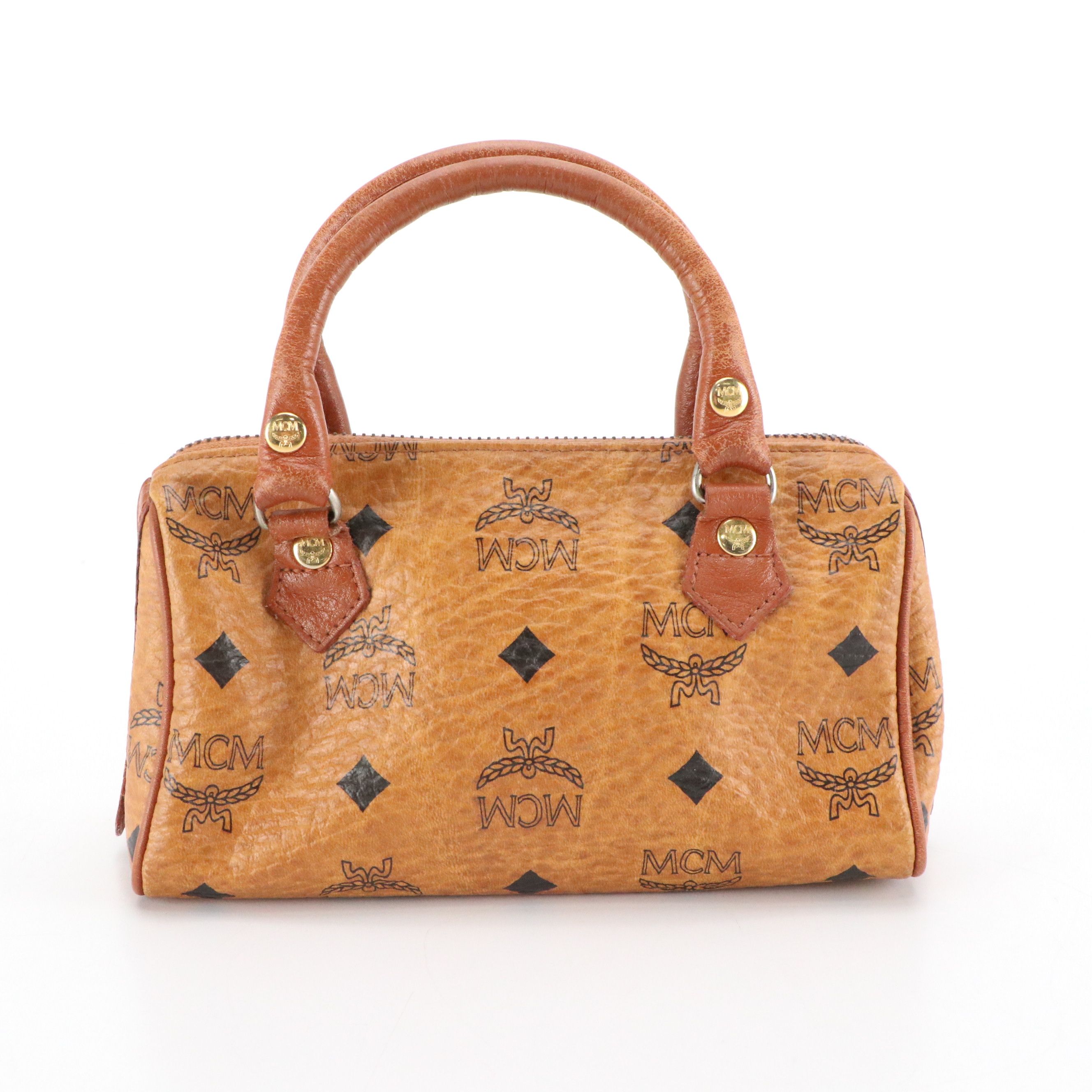 MCM Mini Boston Bag in Cognac Visetos Canvas and Leather