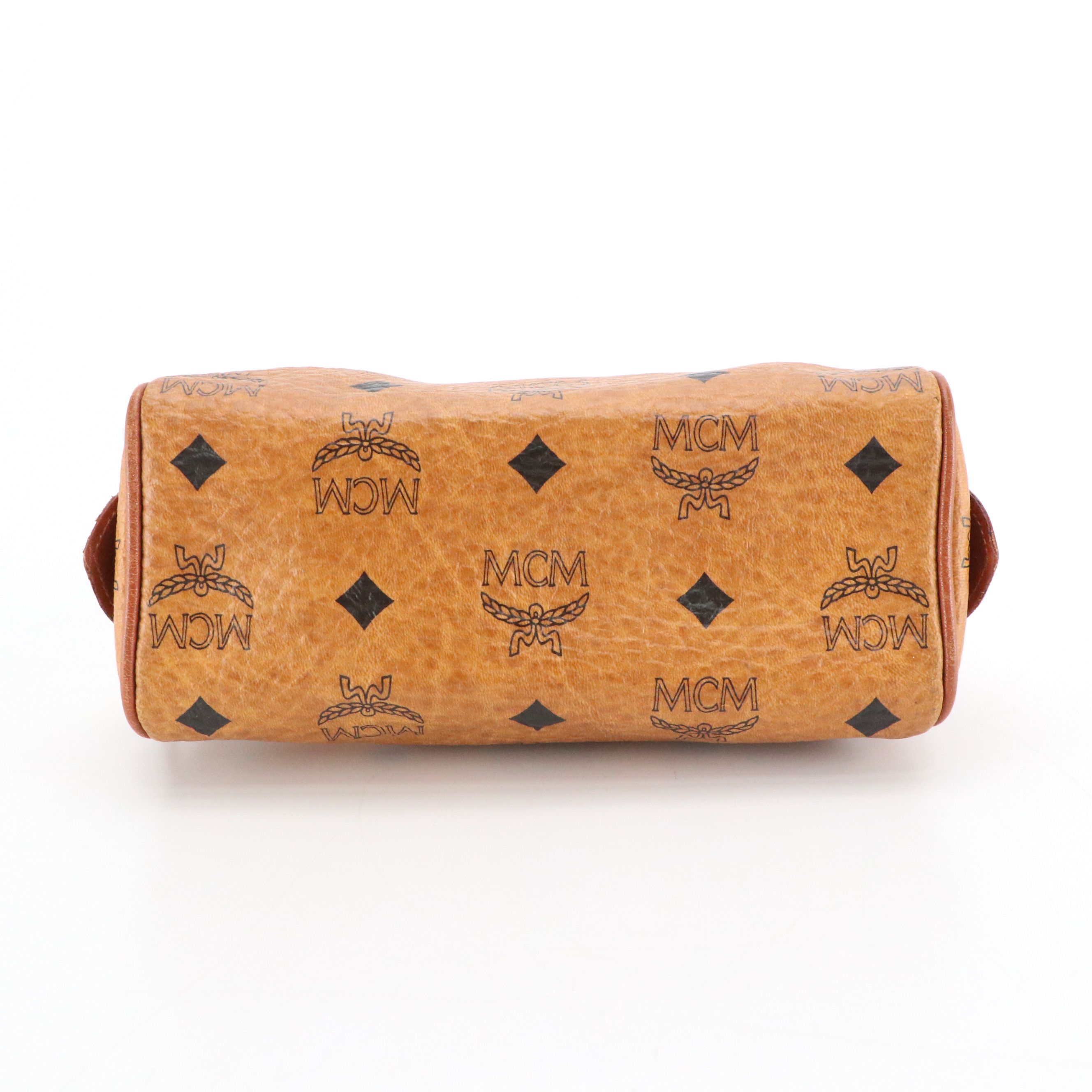 MCM Mini Boston Bag in Cognac Visetos Canvas and Leather