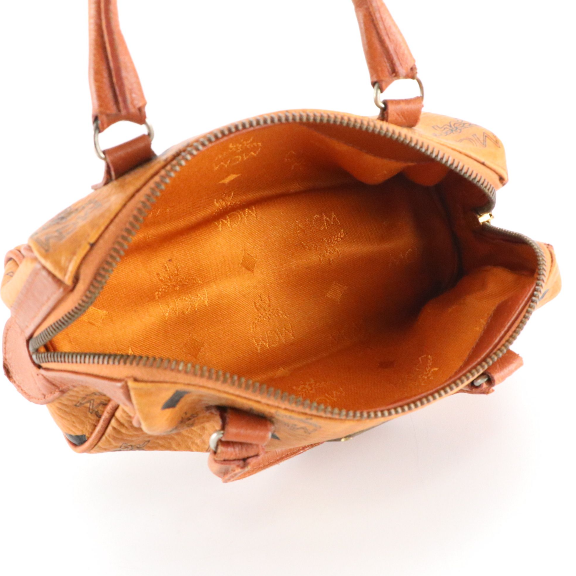 MCM Mini Boston Bag in Cognac Visetos Canvas and Leather