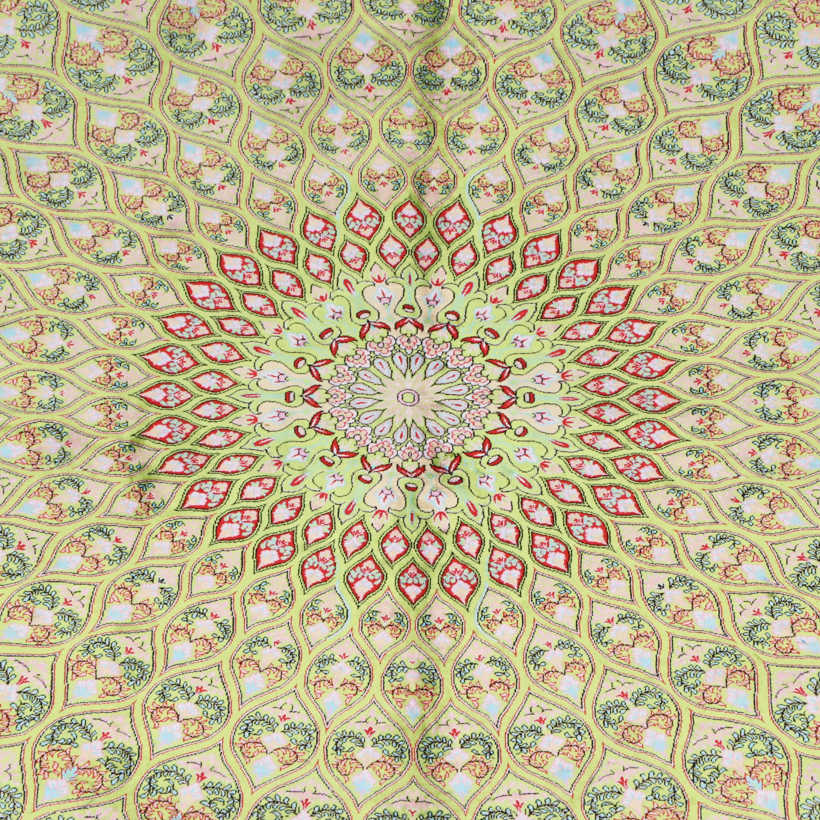 6'6 x 10'2 Machine Made Turkish Qom Peacock Style Silk Area Rug