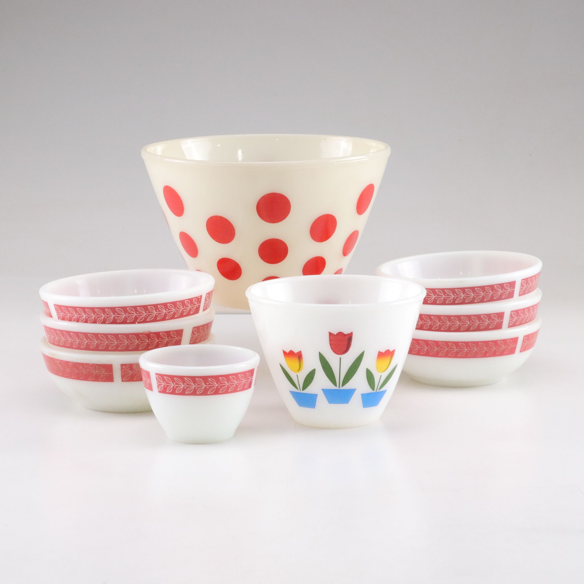 Fire-King "Red Polka Dot" & "Tulips" Mixing Bowls with Pyrex "Red Laurel Leaf"