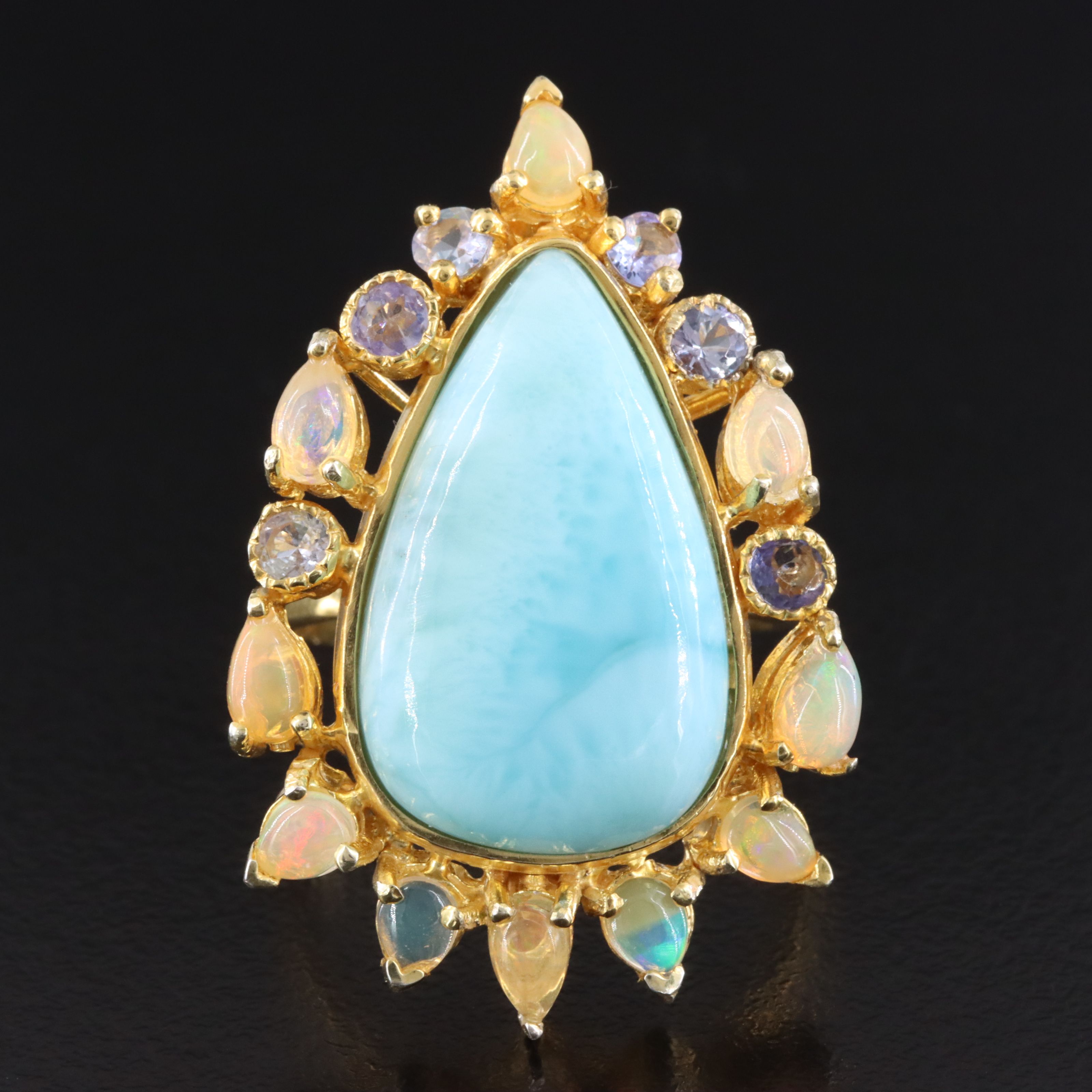 Sterling Larimar, Opal, and Tanzanite Ring