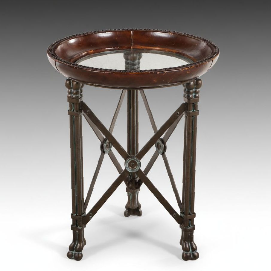 Directoire Revival Bronze and Glass Gueridon with Leather-Wrapped Rim