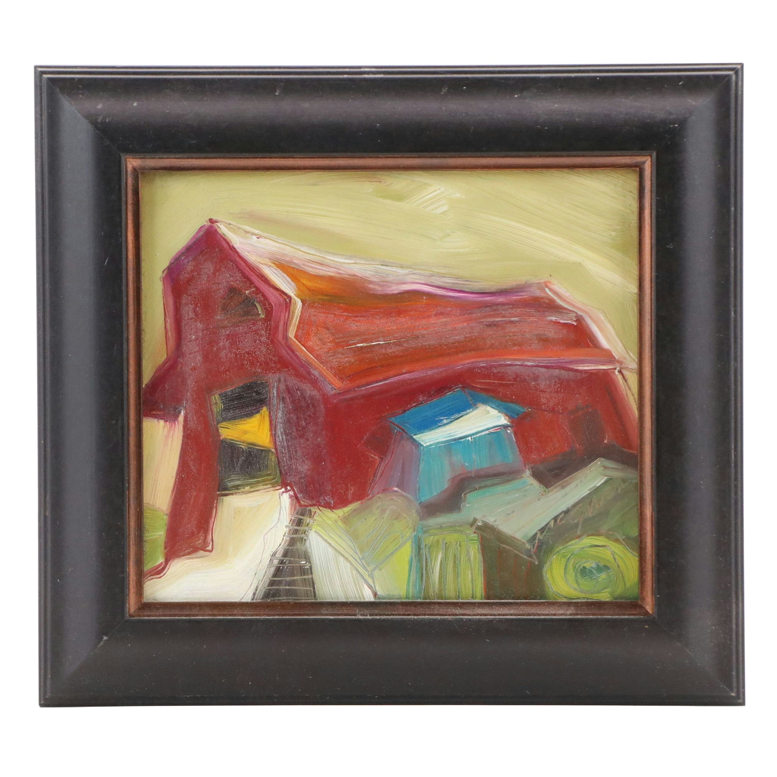 Landscape Oil Painting of Red Barn, 21st Century
