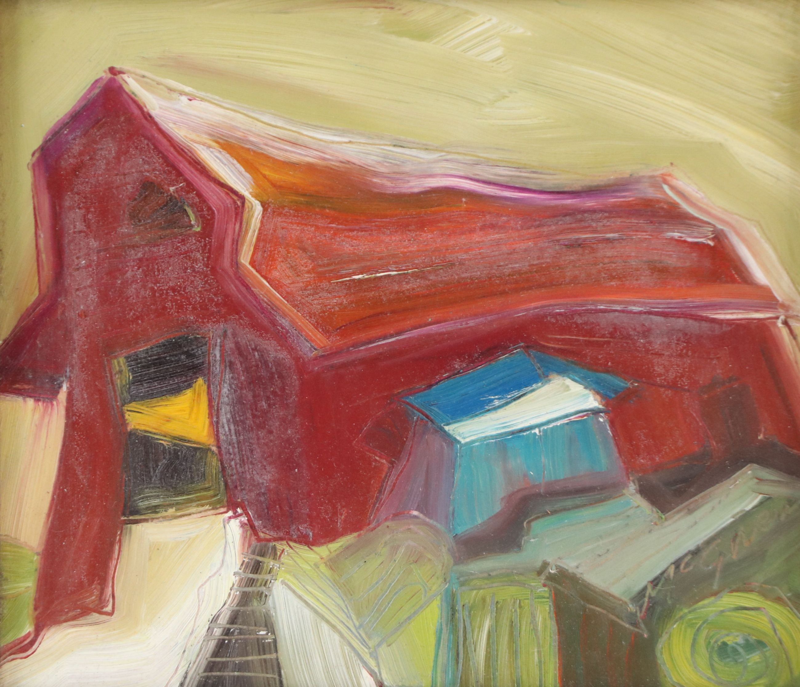 Landscape Oil Painting of Red Barn, 21st Century