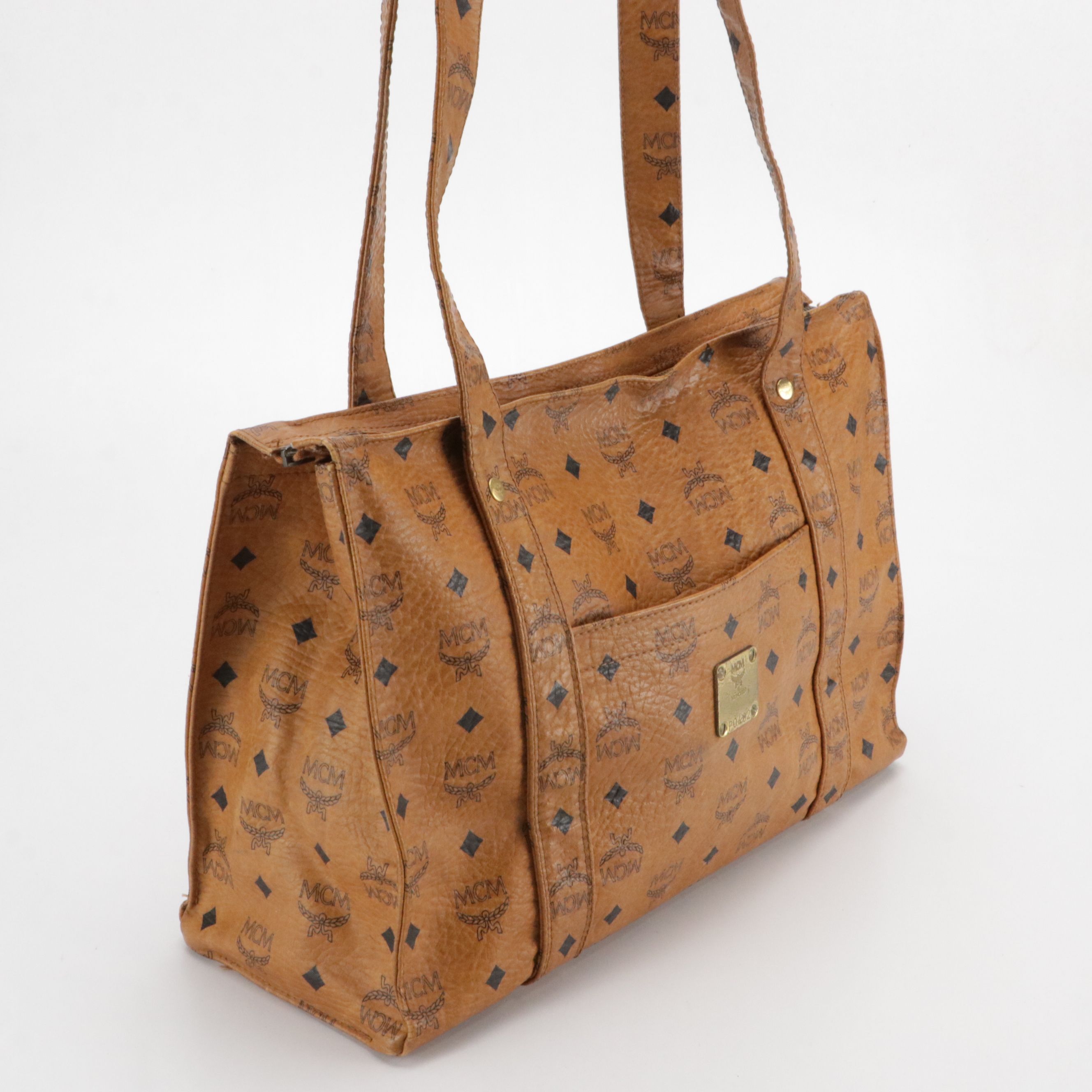 MCM Long Handle Tote Bag in Cognac Visetos Canvas