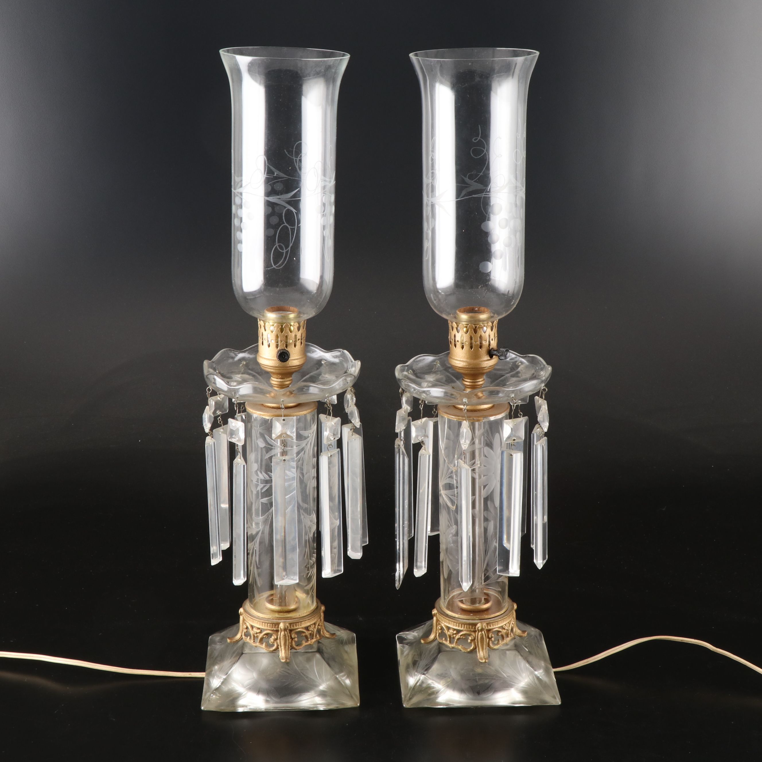 Giltmetal and Glass Grapevine Etched Mantle Luster Lamps with Hurricanes