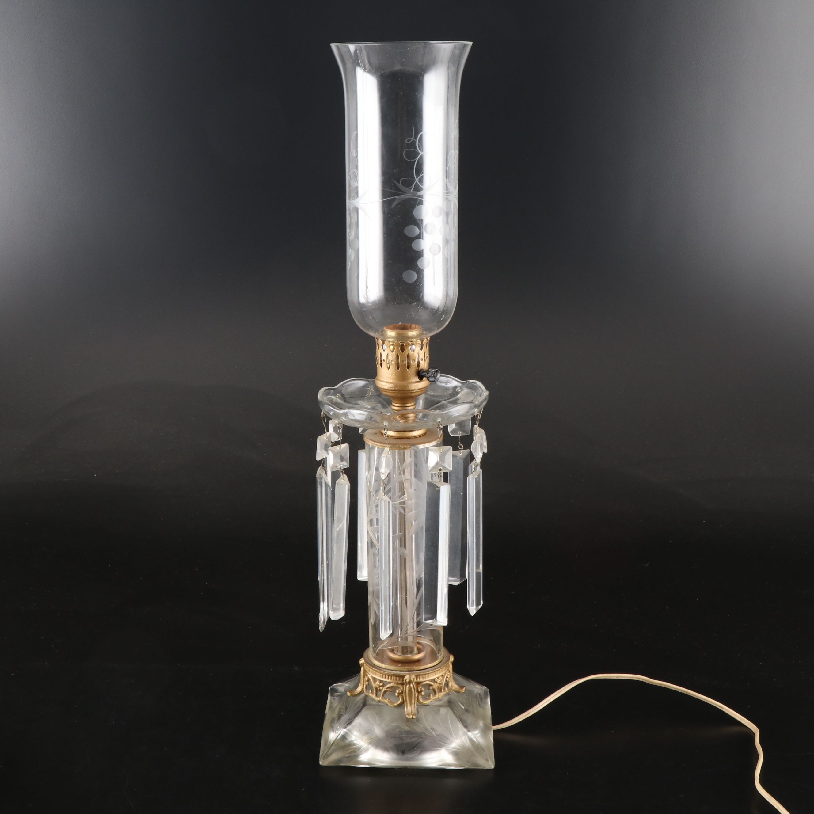 Giltmetal and Glass Grapevine Etched Mantle Luster Lamps with Hurricanes