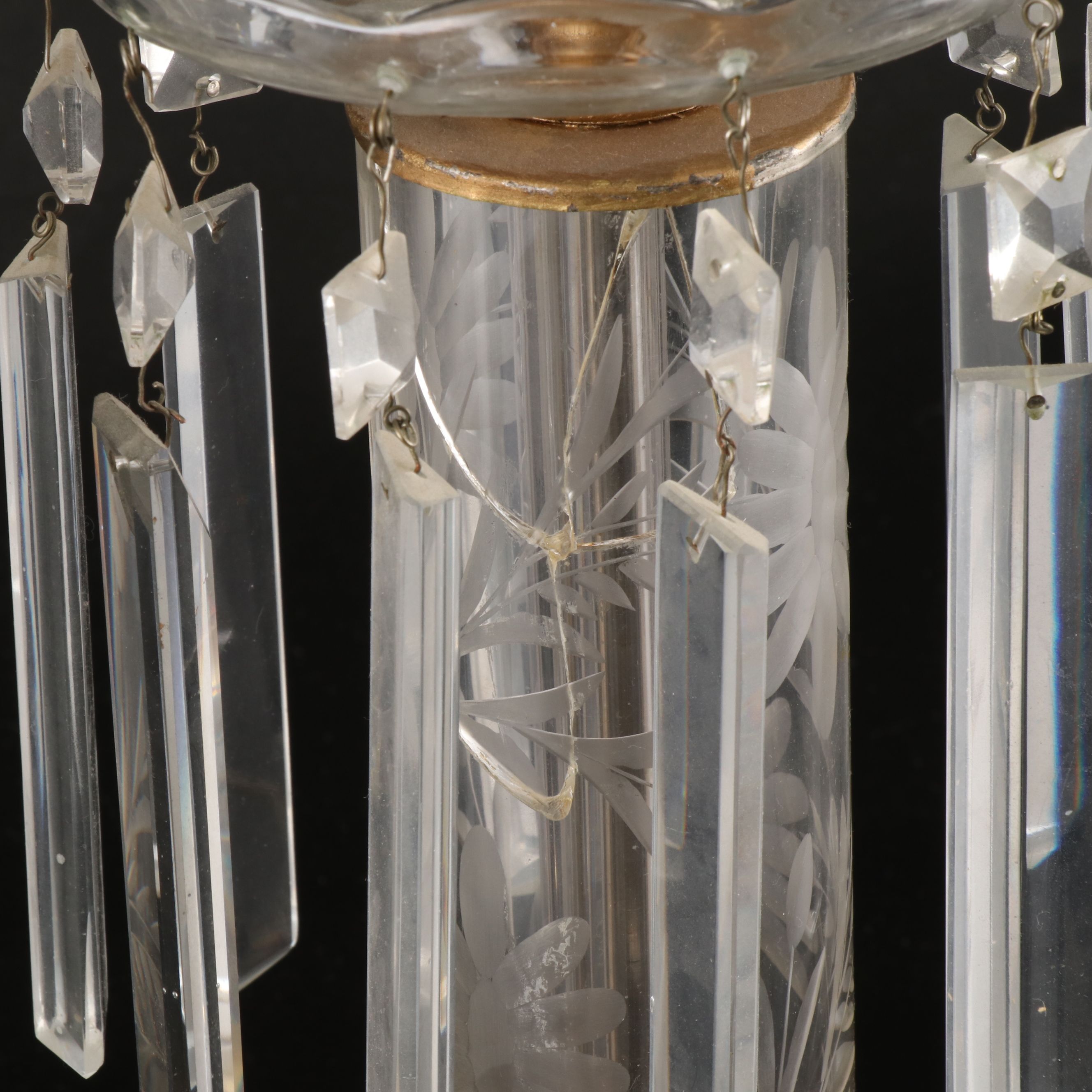 Giltmetal and Glass Grapevine Etched Mantle Luster Lamps with Hurricanes