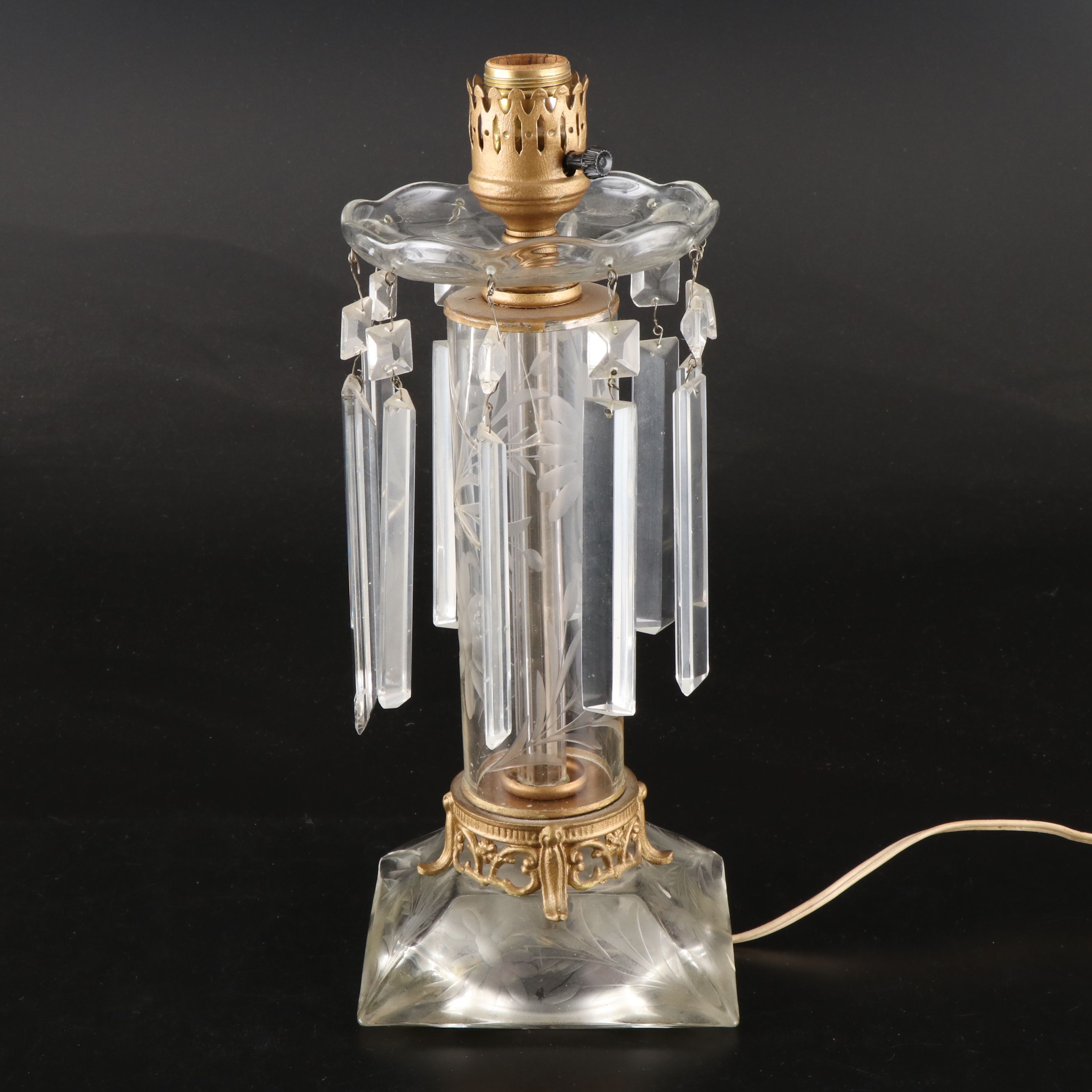 Giltmetal and Glass Grapevine Etched Mantle Luster Lamps with Hurricanes