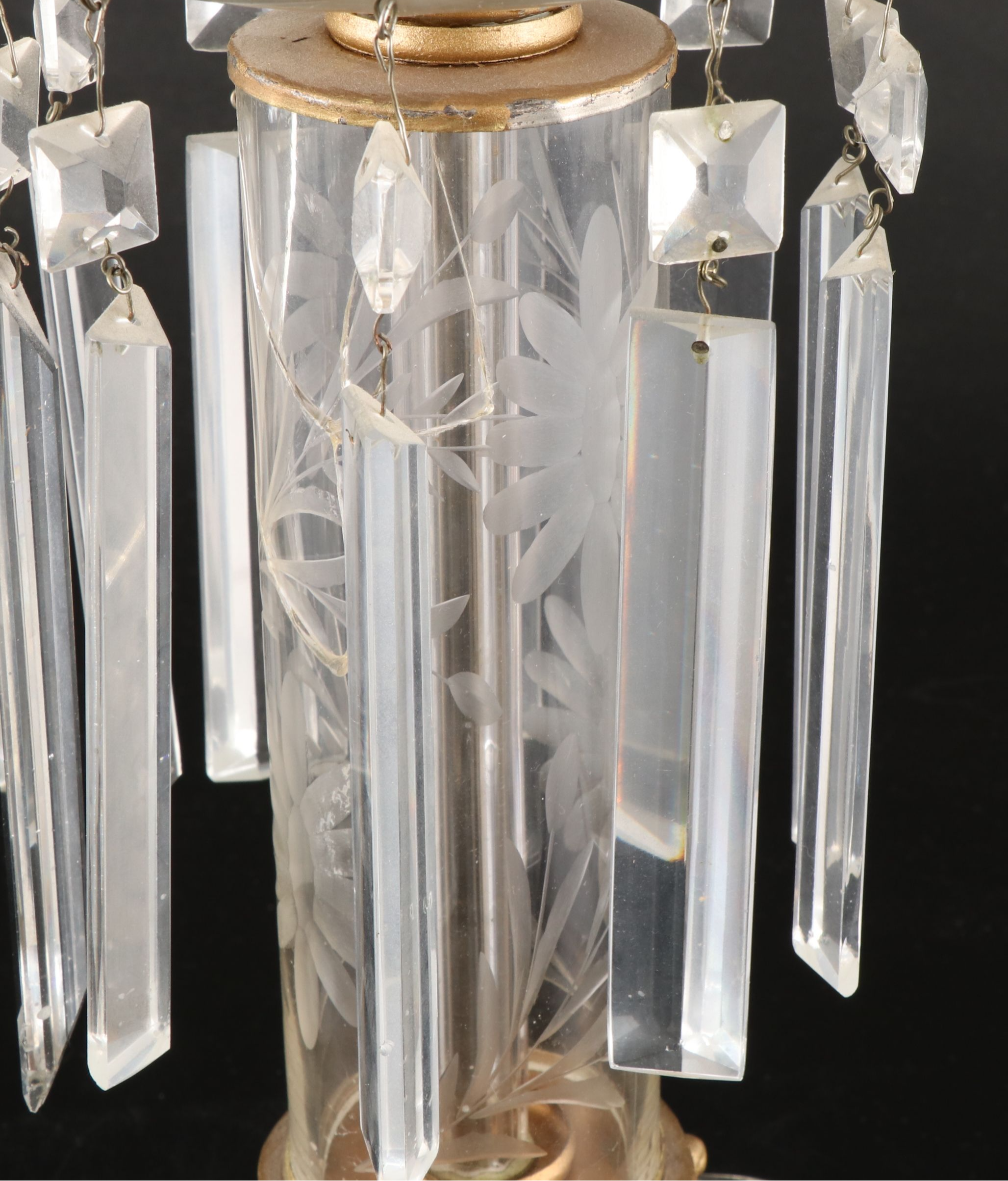 Giltmetal and Glass Grapevine Etched Mantle Luster Lamps with Hurricanes