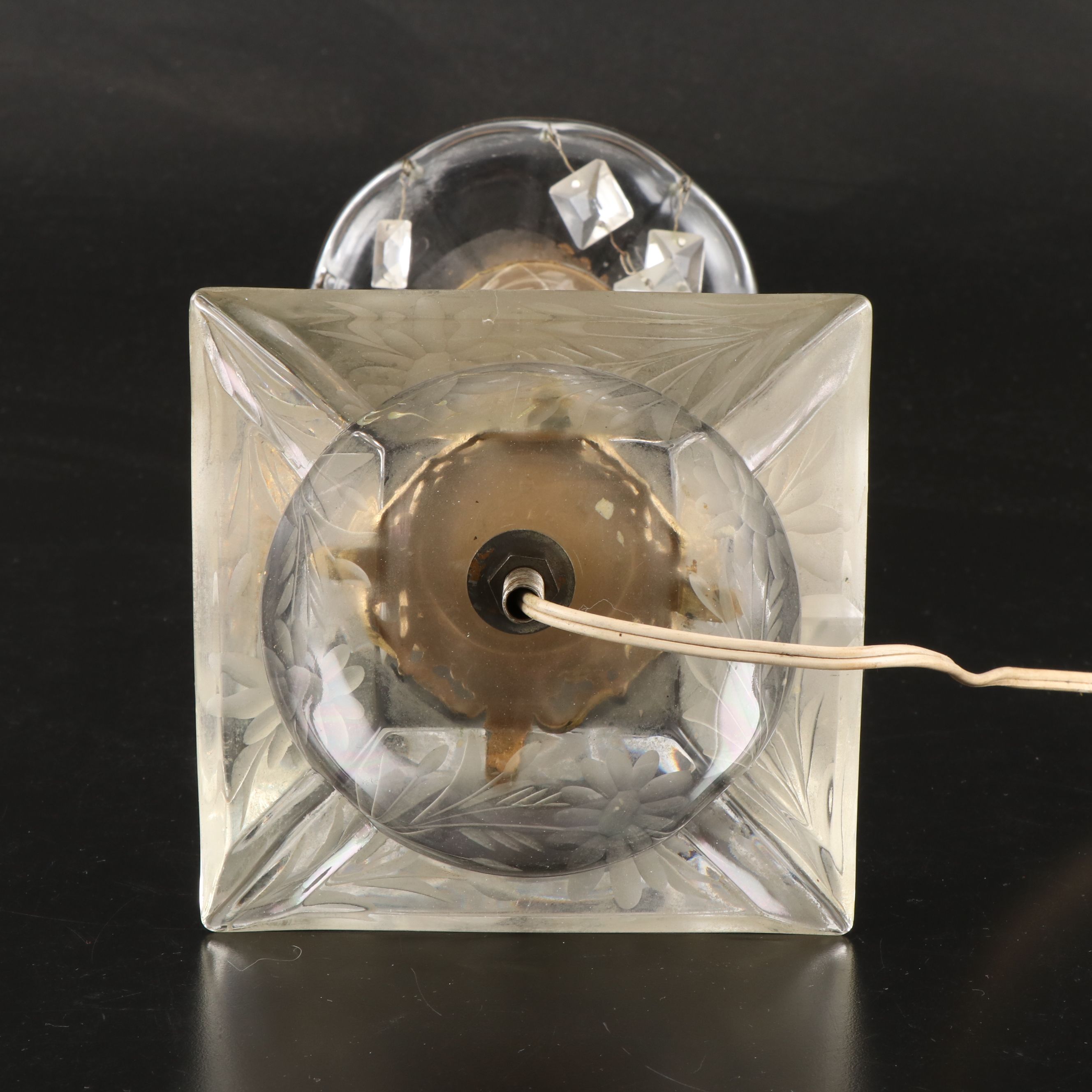 Giltmetal and Glass Grapevine Etched Mantle Luster Lamps with Hurricanes