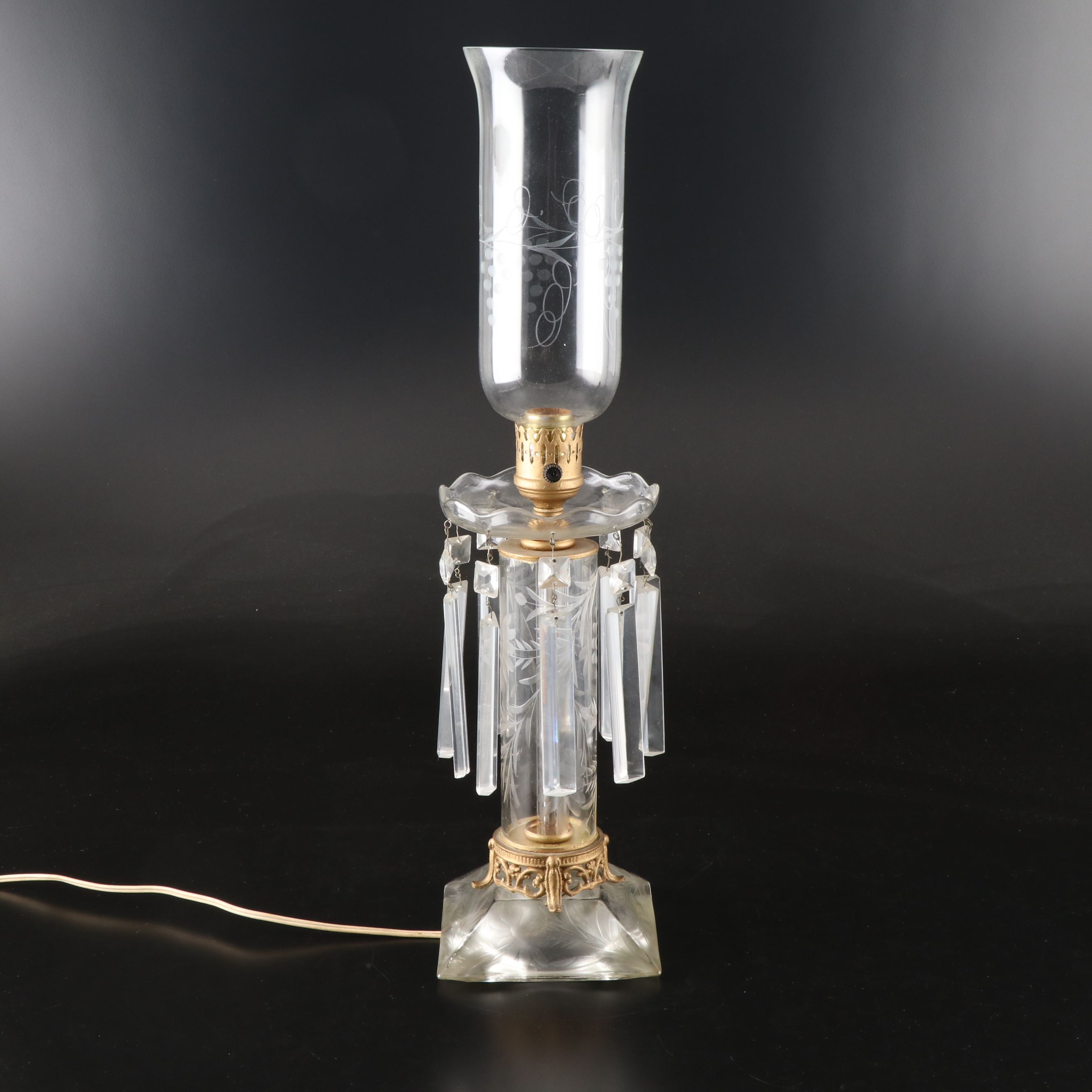 Giltmetal and Glass Grapevine Etched Mantle Luster Lamps with Hurricanes