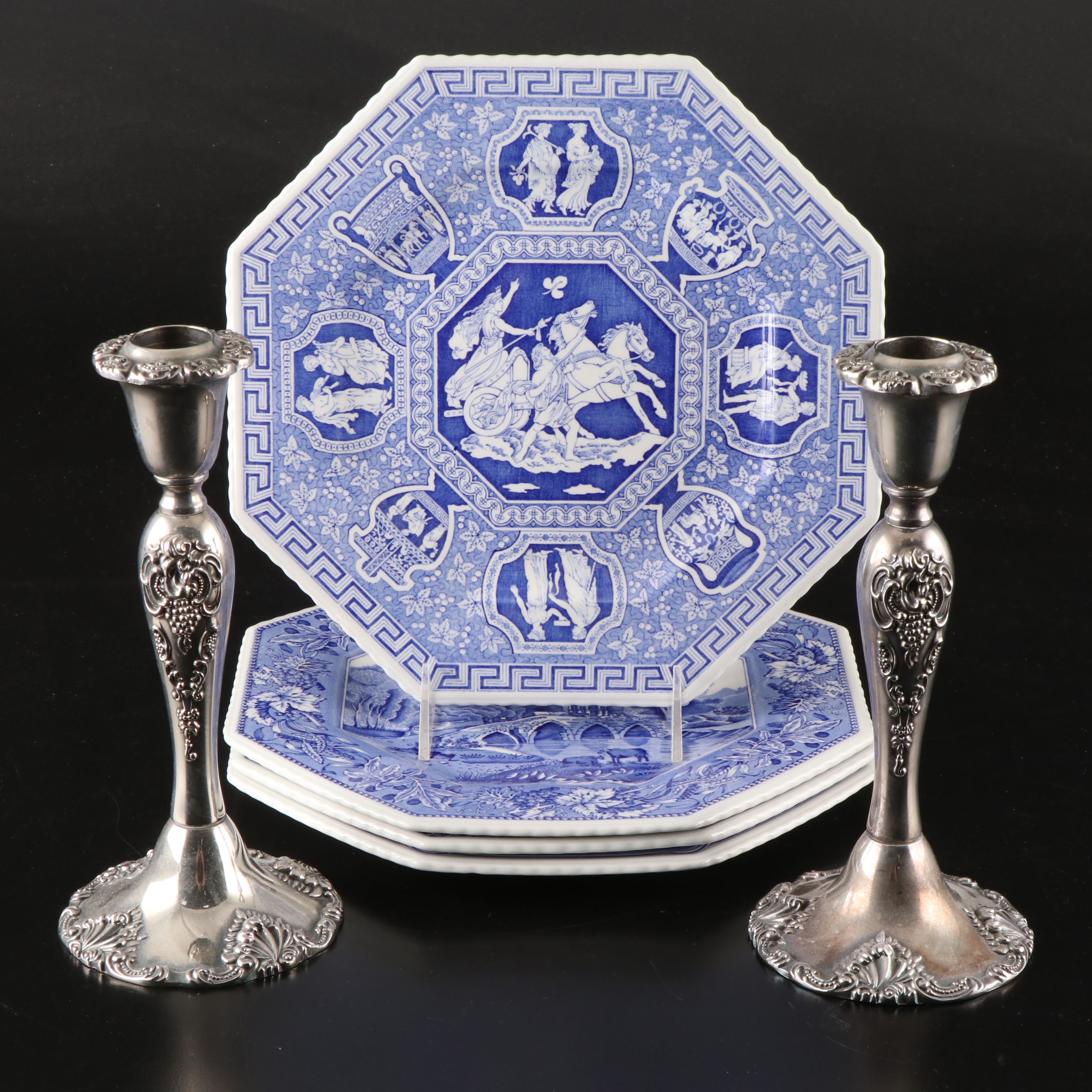 Godinger Silver Plate Candlesticks with Spode Blue Room Porcelain Plates