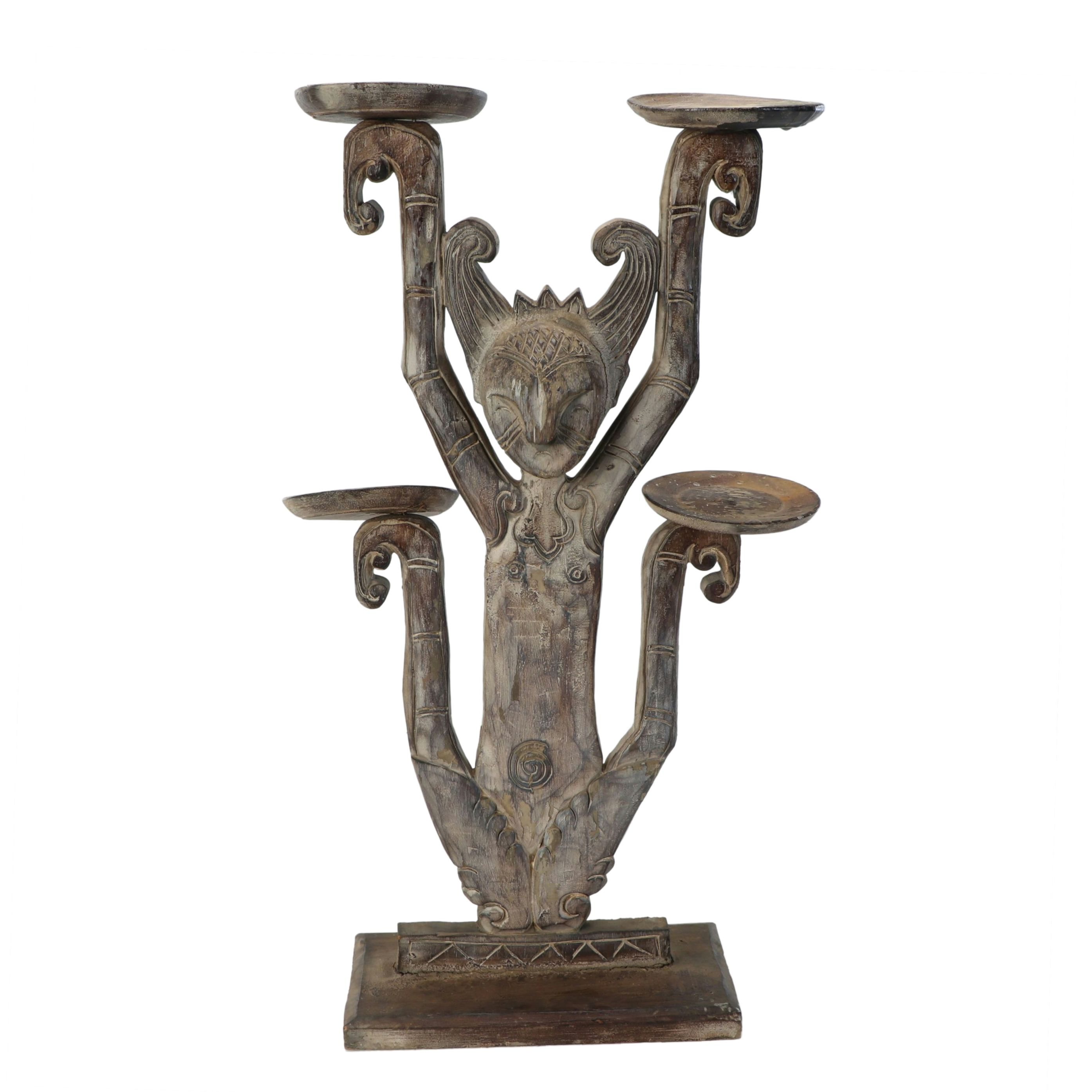 Anthropomorphic Folk Art Style Wooden Candle Holder