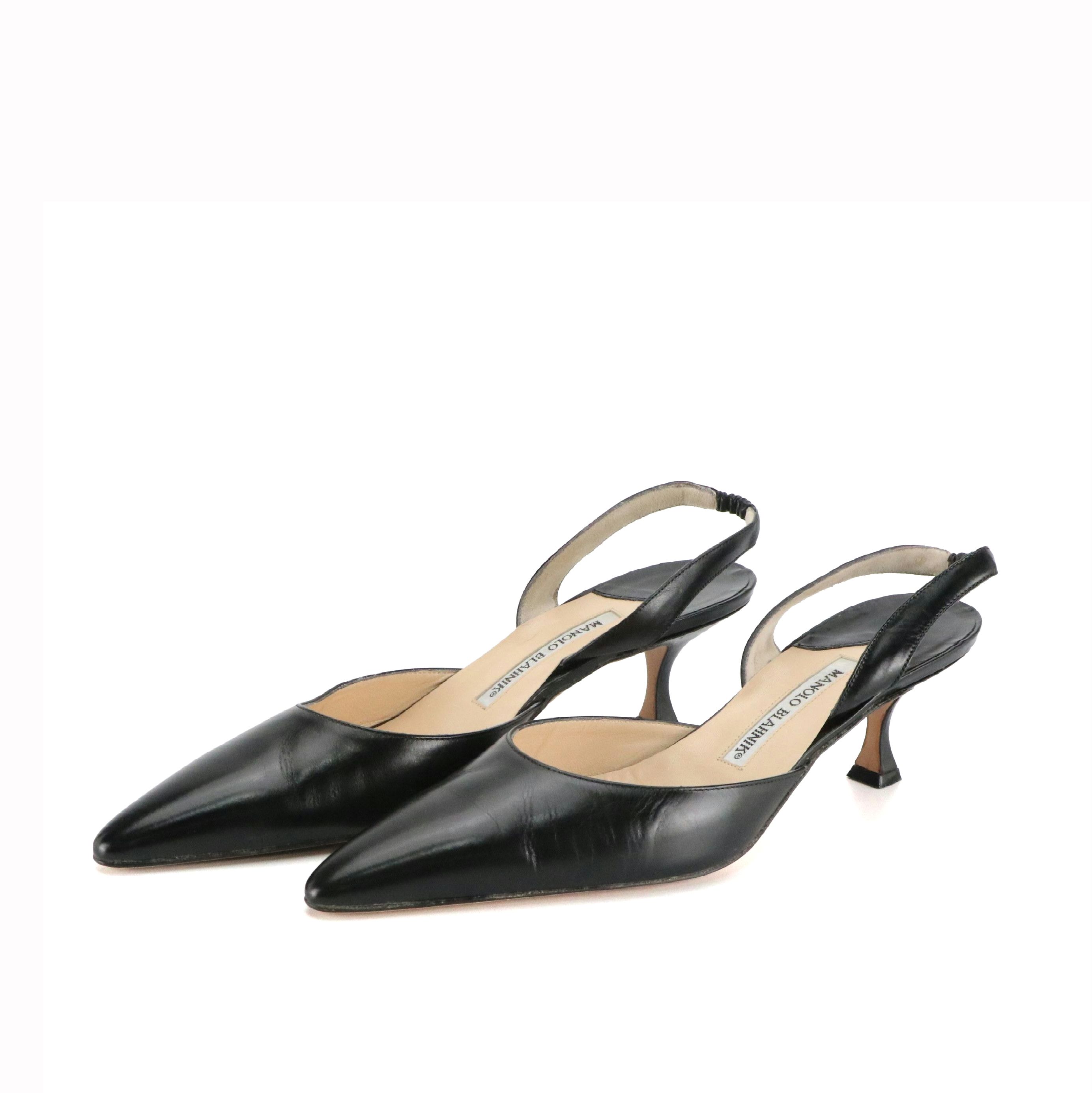 Manolo Blahnik Black Leather Pointy Toe Slingbacks