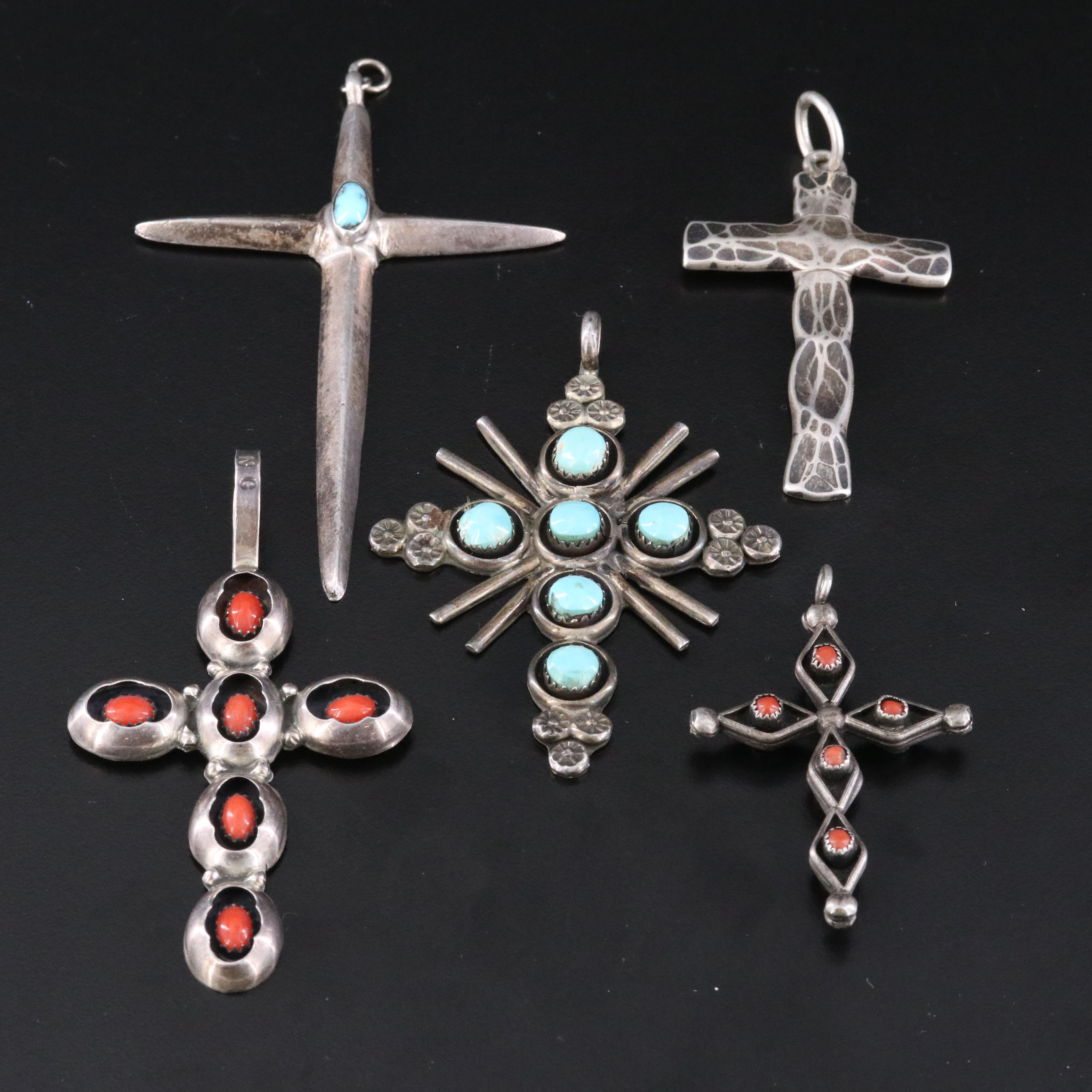 Southwestern Sterling Cross Pendants Including Shadowbox, Reversible and Coral