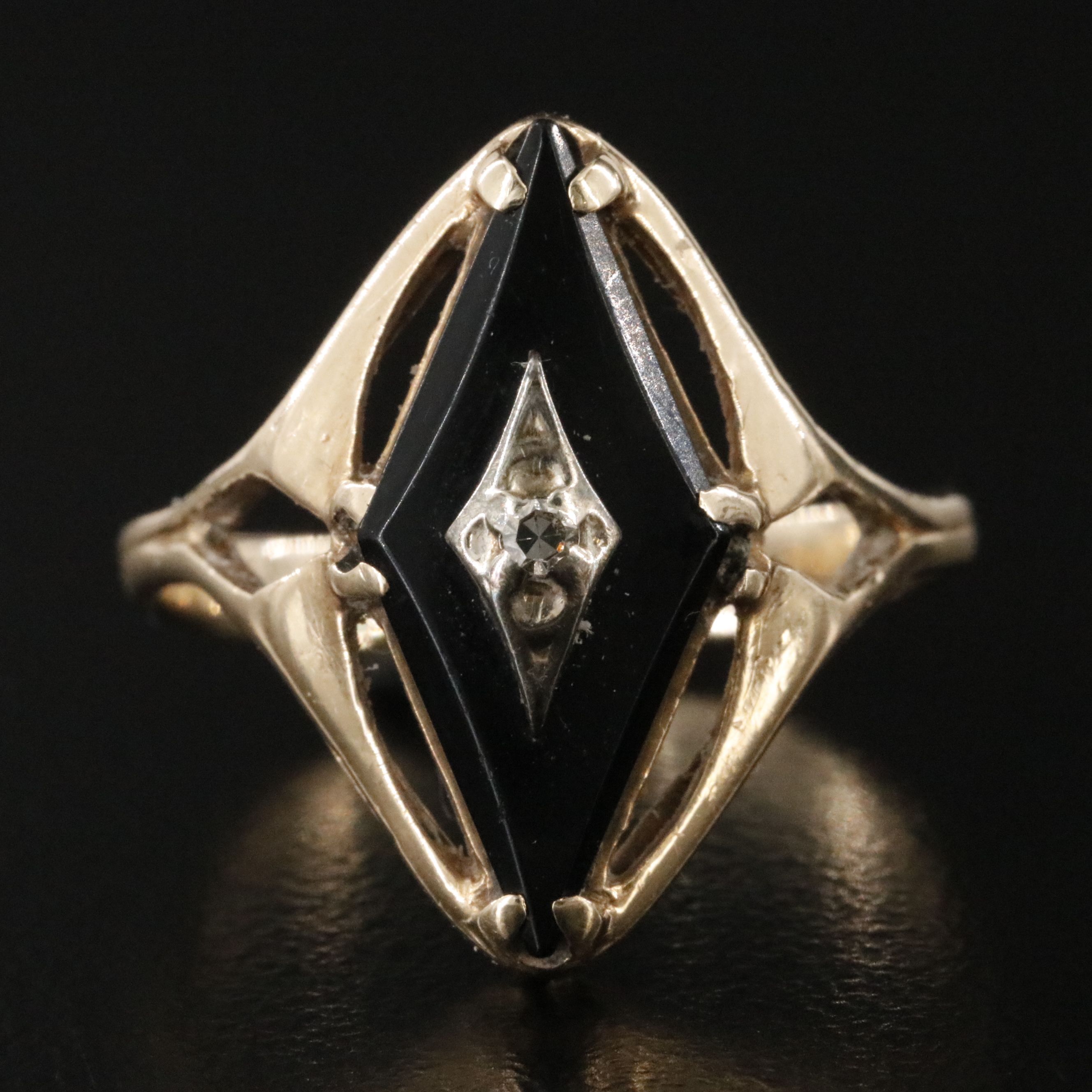 10K Black Onyx and Diamond Navette Ring