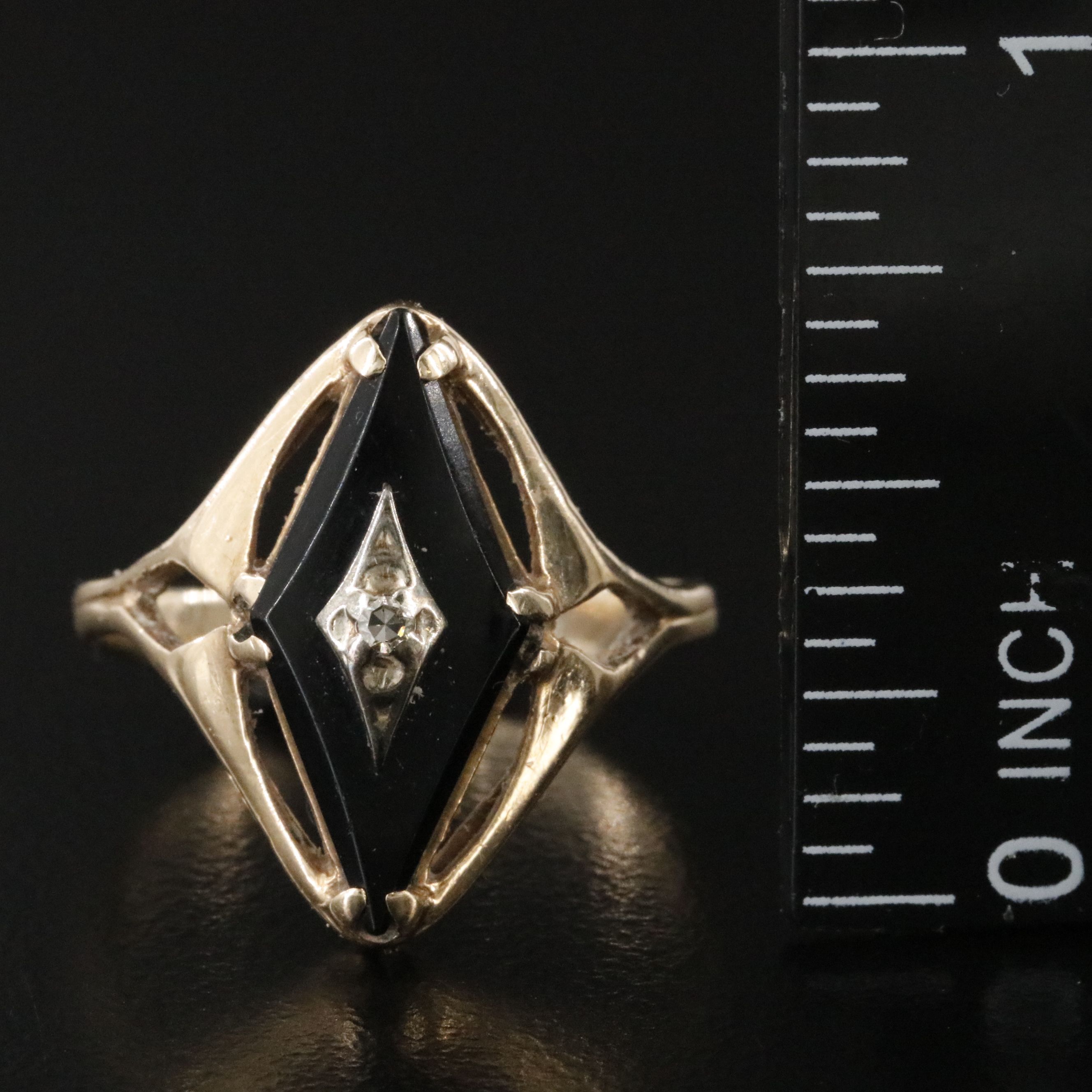 10K Black Onyx and Diamond Navette Ring