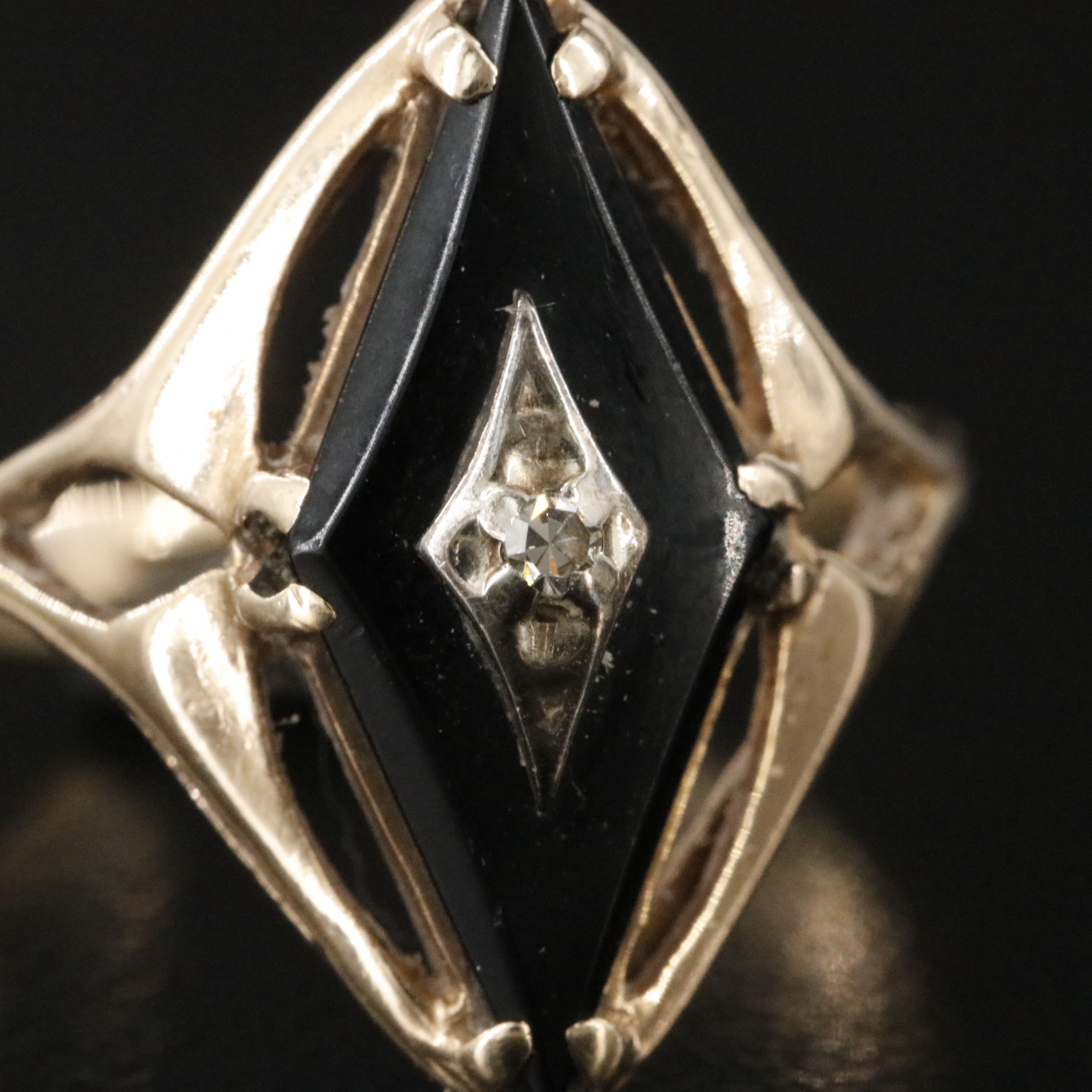 10K Black Onyx and Diamond Navette Ring