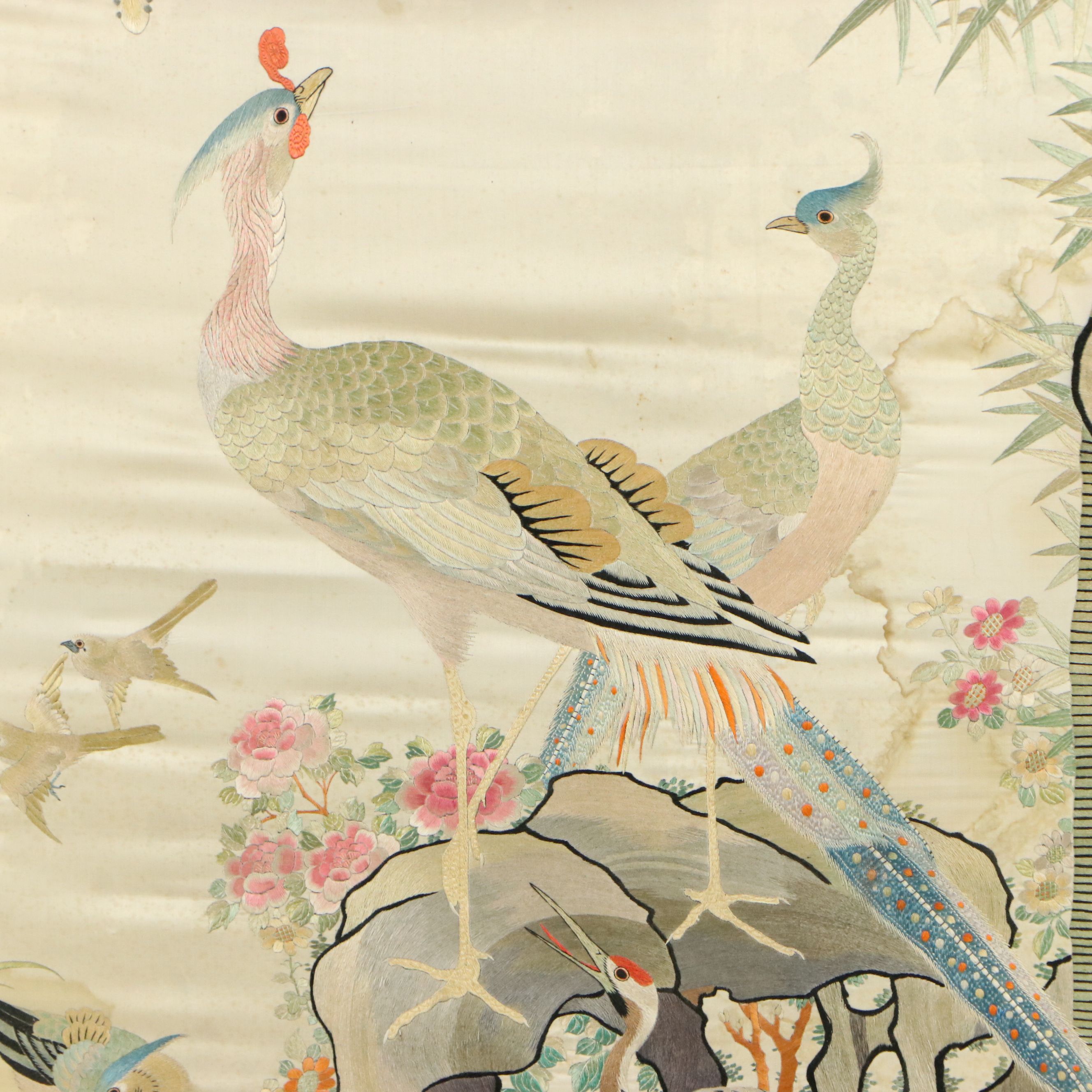 Chinese Silk Embroidered "Hundred Birds" Panel, Mid to Late 20th Century