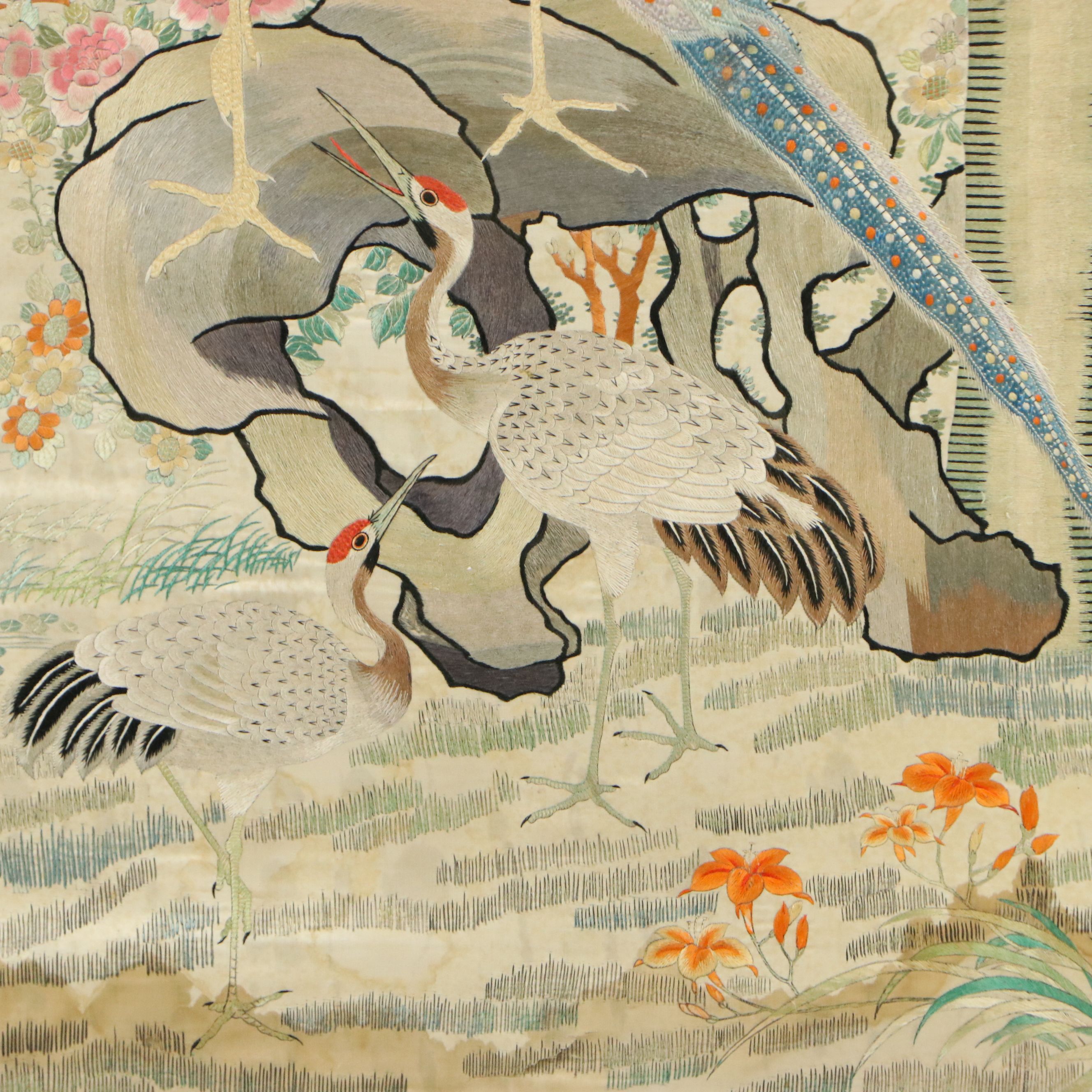 Chinese Silk Embroidered "Hundred Birds" Panel, Mid to Late 20th Century