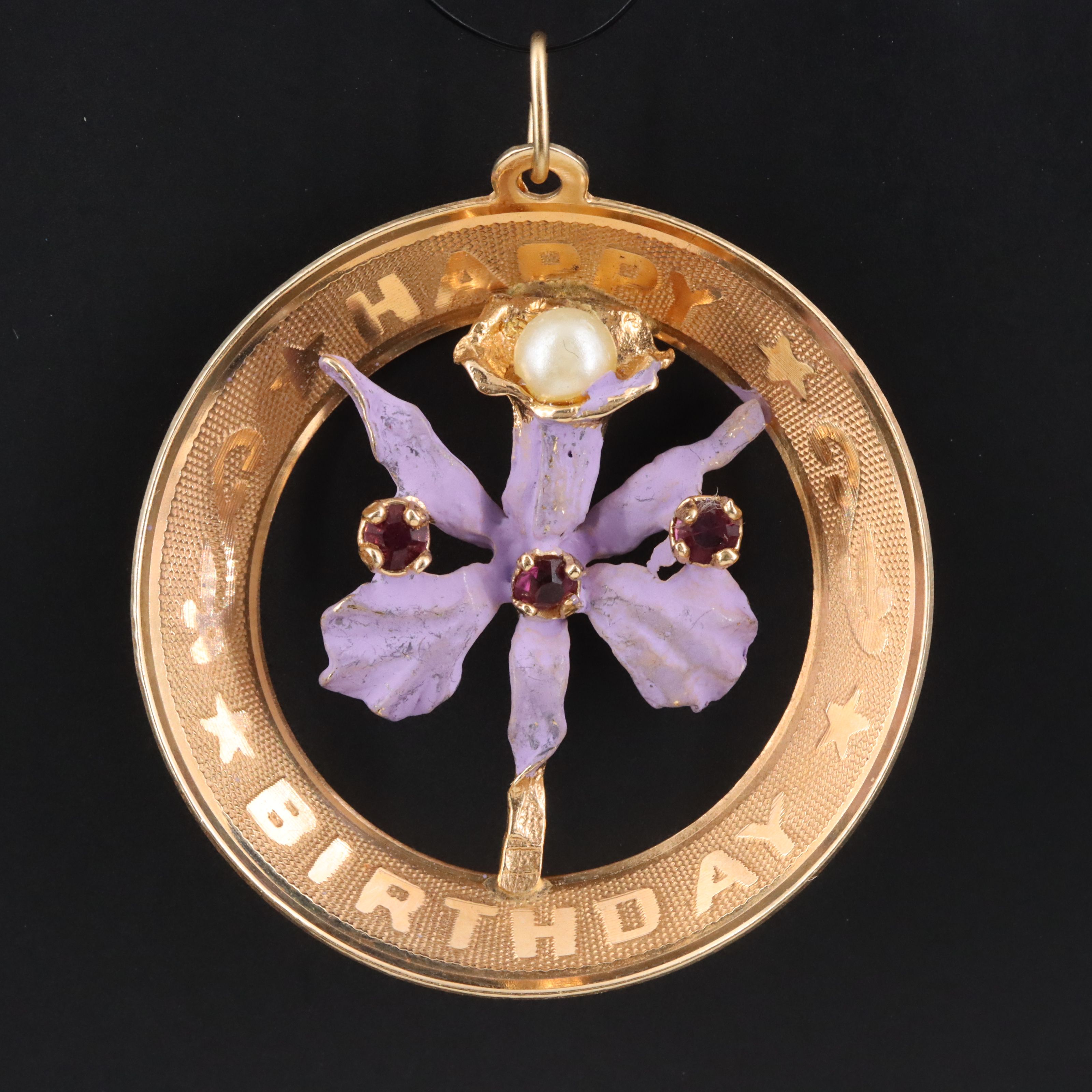 Vintage 14K Faux Pearl, Glass, and Enamel Happy Birthday Orchid Pendant