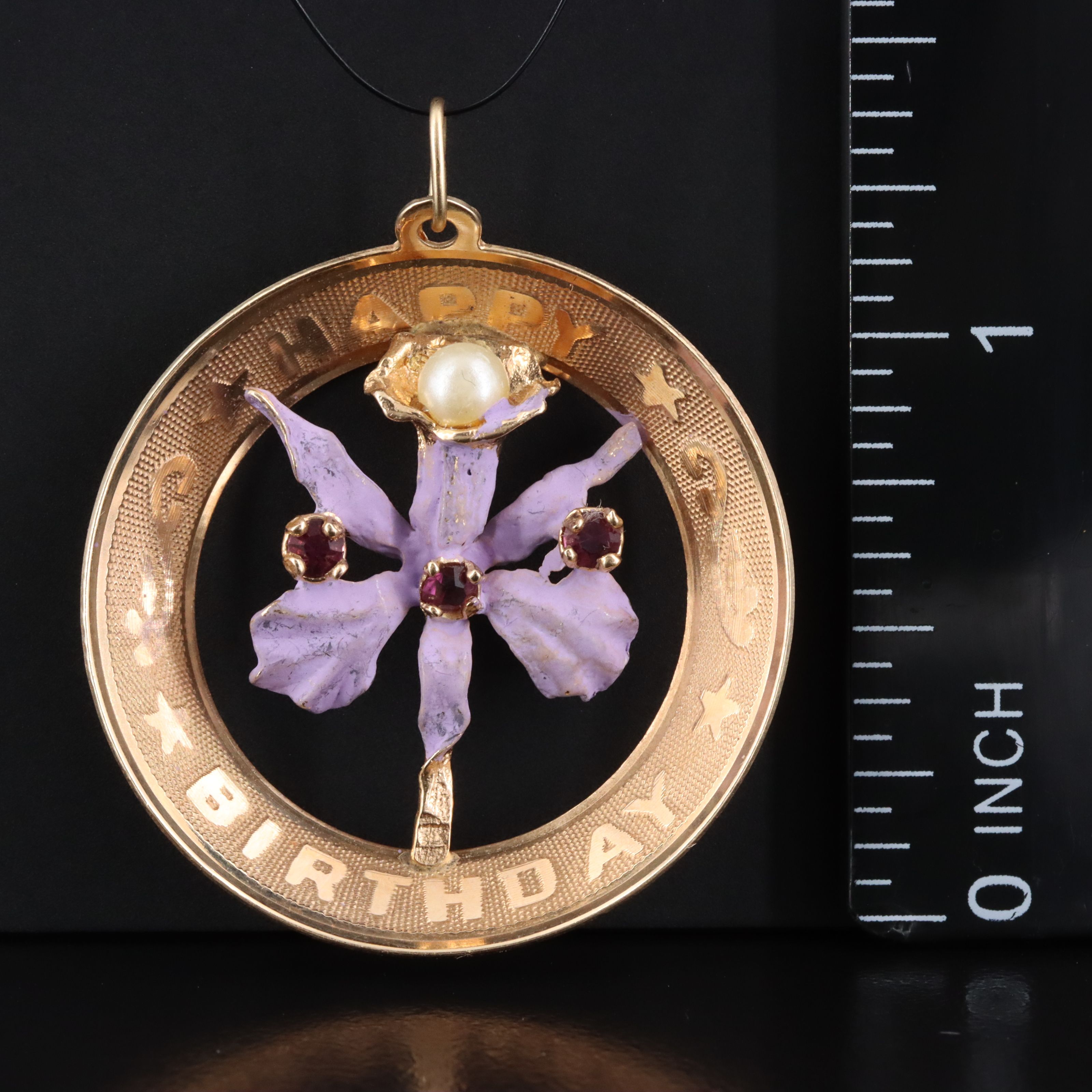 Vintage 14K Faux Pearl, Glass, and Enamel Happy Birthday Orchid Pendant