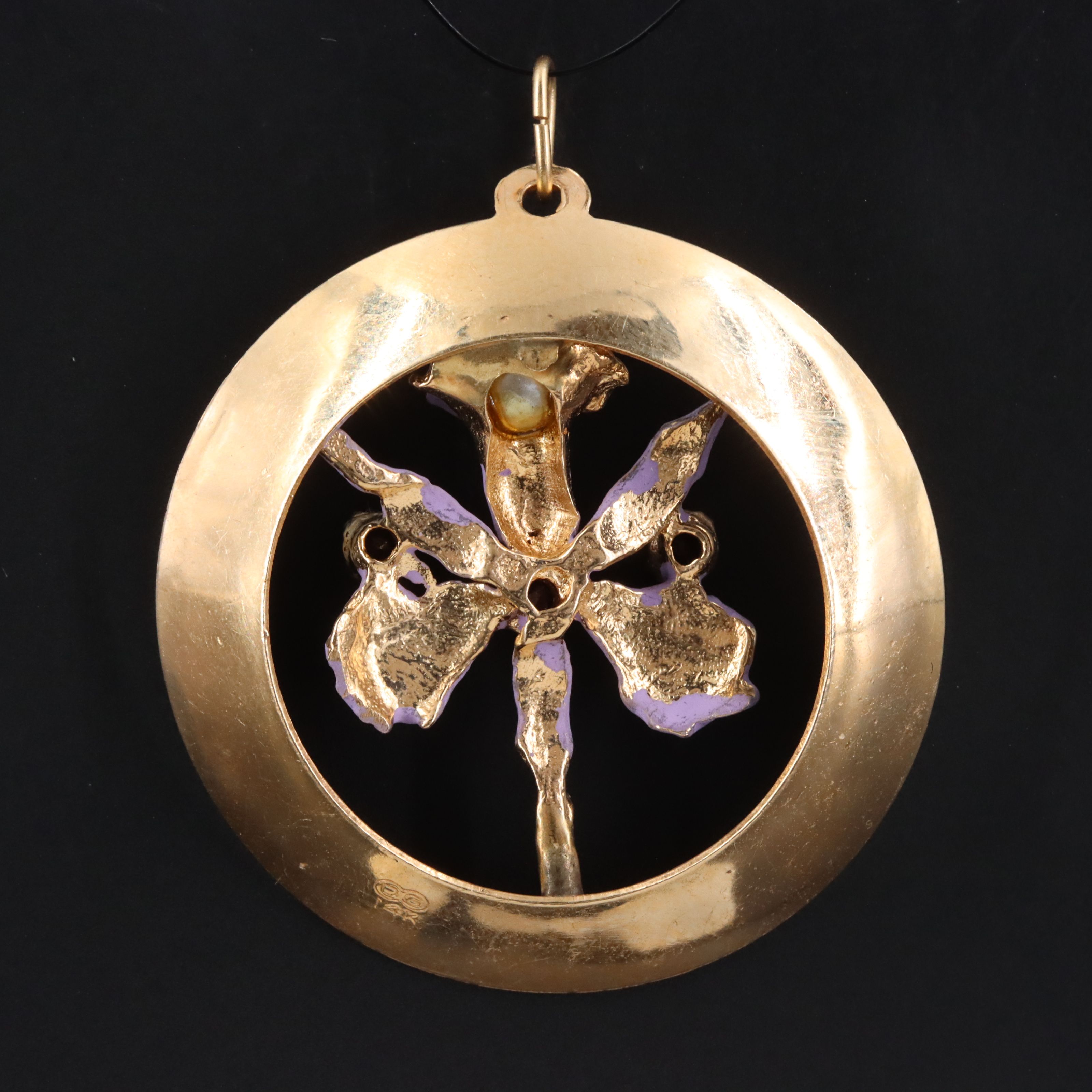 Vintage 14K Faux Pearl, Glass, and Enamel Happy Birthday Orchid Pendant