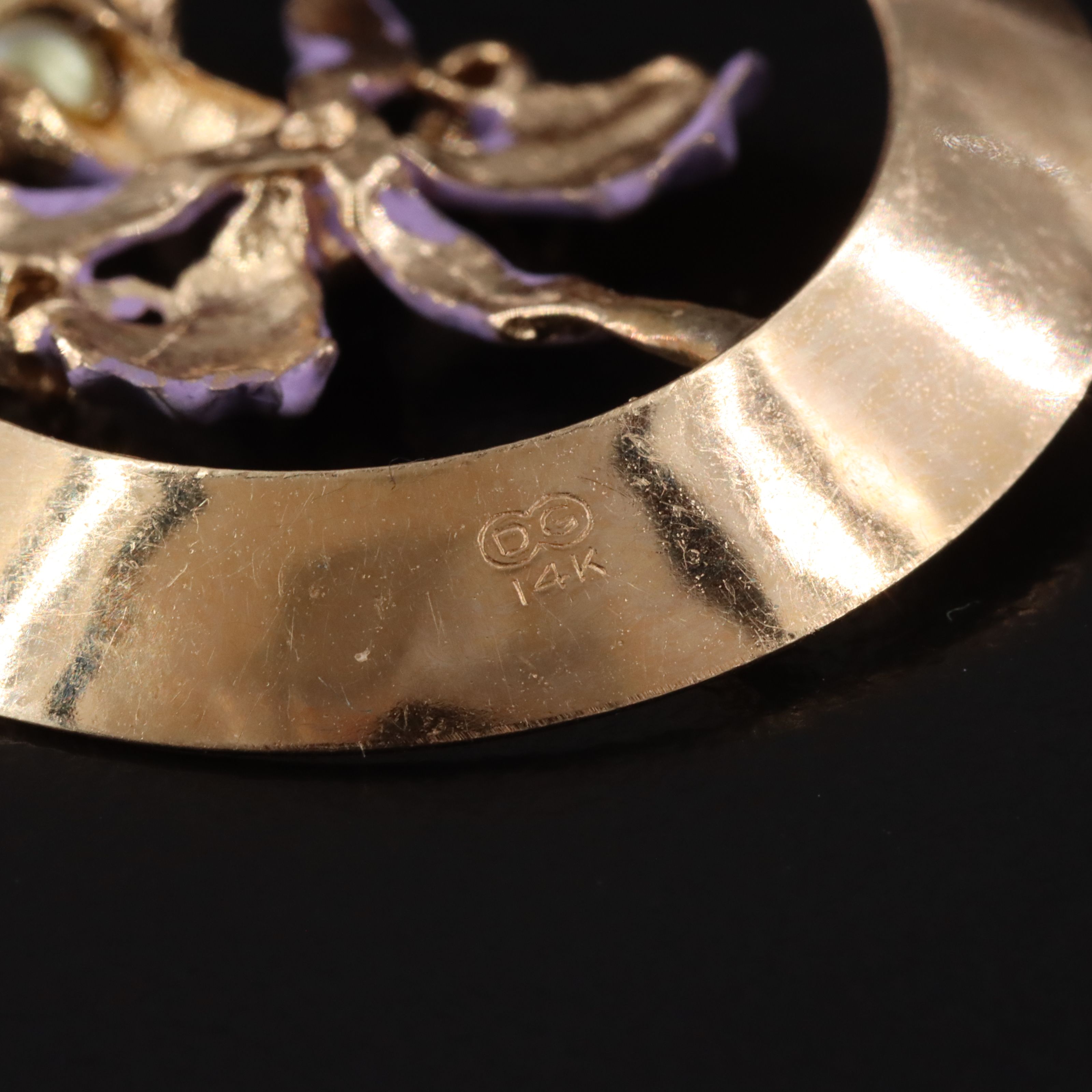 Vintage 14K Faux Pearl, Glass, and Enamel Happy Birthday Orchid Pendant