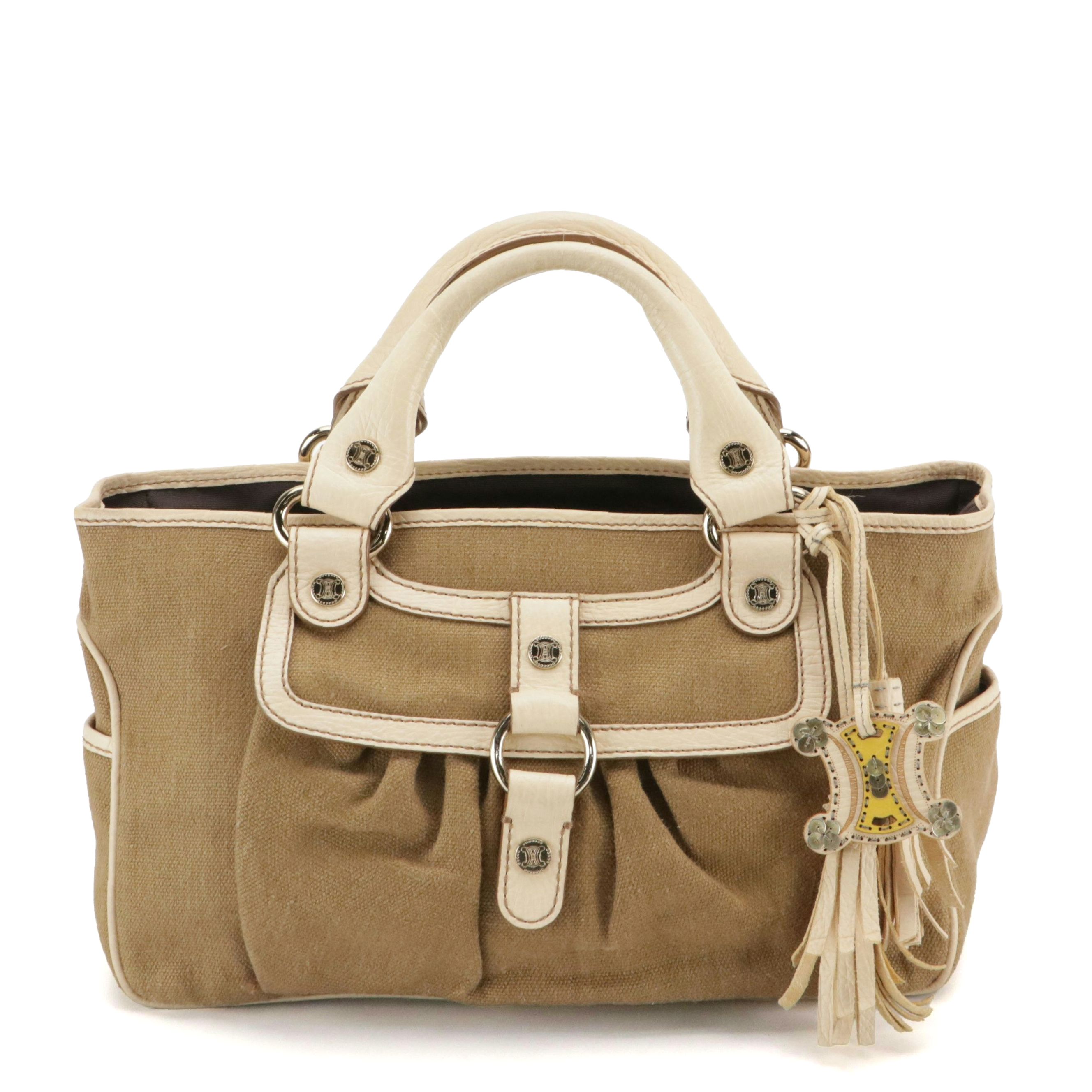 Celine Boogie Handbag in Natural Canvas and Ivory Leather Trim with Tassel Charm