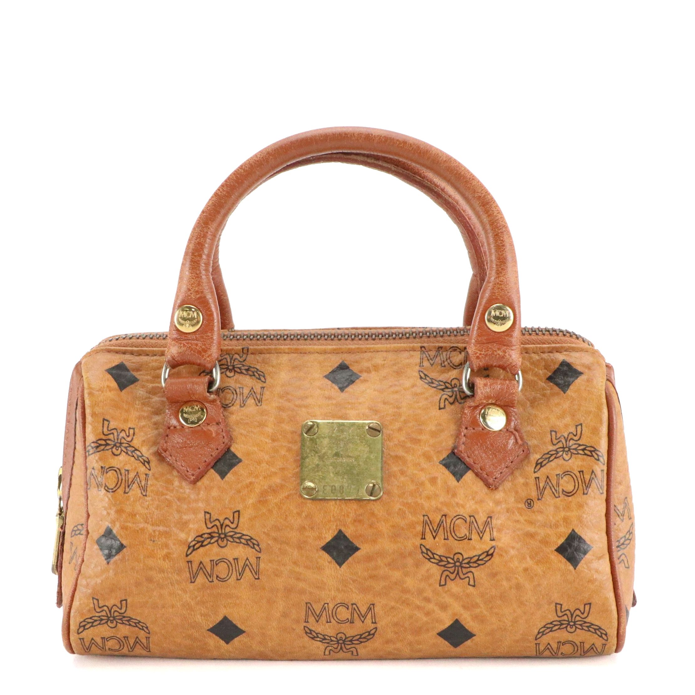 MCM Mini Boston Bag in Cognac Visetos Canvas and Leather