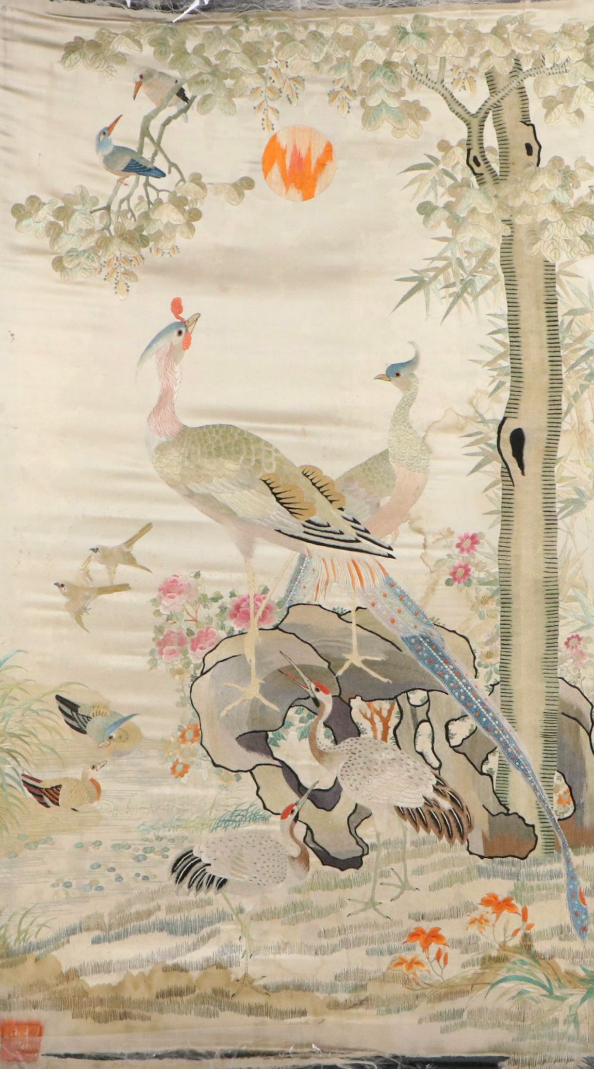 Chinese Silk Embroidered "Hundred Birds" Panel, Mid to Late 20th Century