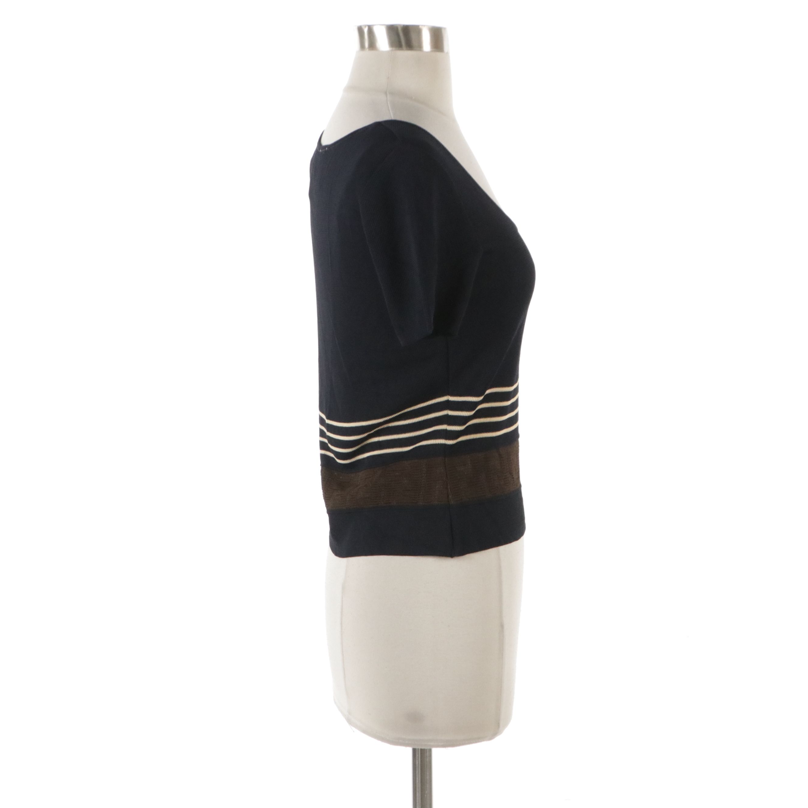 Fendi Scoop Neck Top in Navy Blue with Beige and Brown FF Logo Stripes