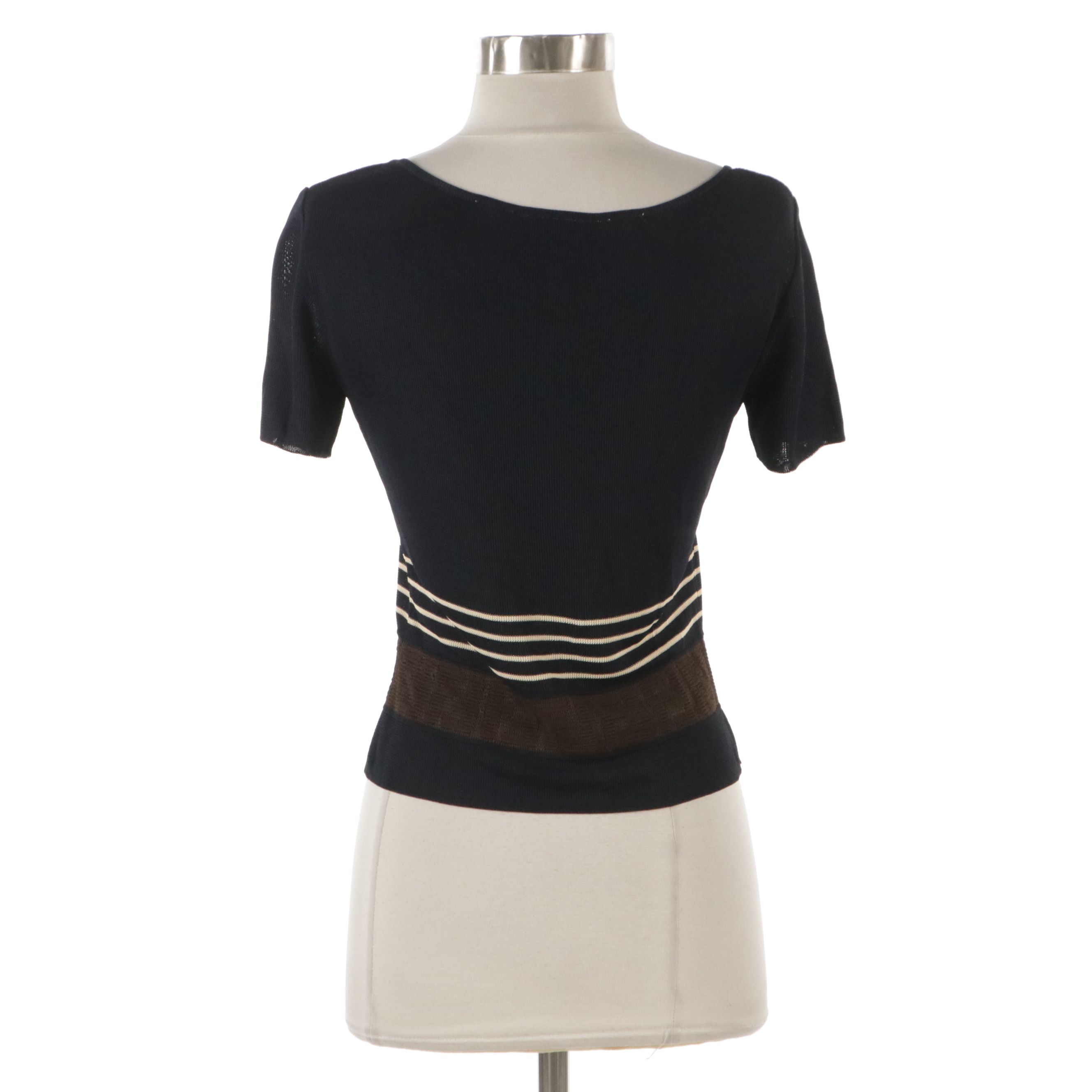 Fendi Scoop Neck Top in Navy Blue with Beige and Brown FF Logo Stripes